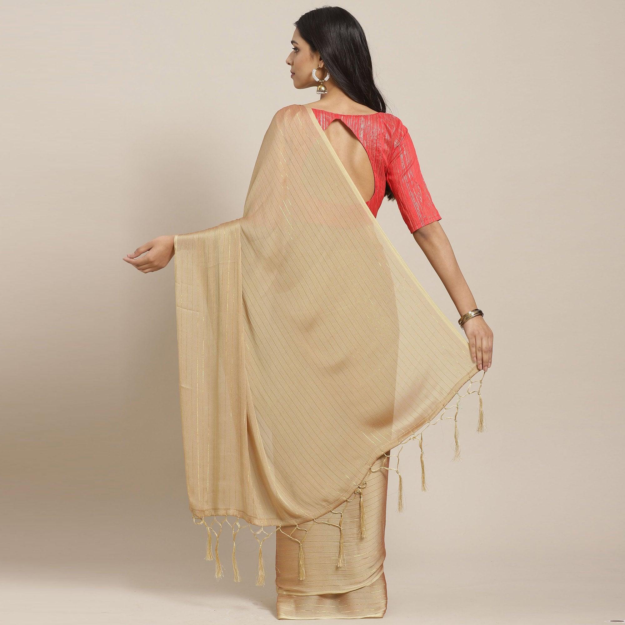 Captivating Beige Colored Casual Wear Printed Poly Georgette Saree - Peachmode