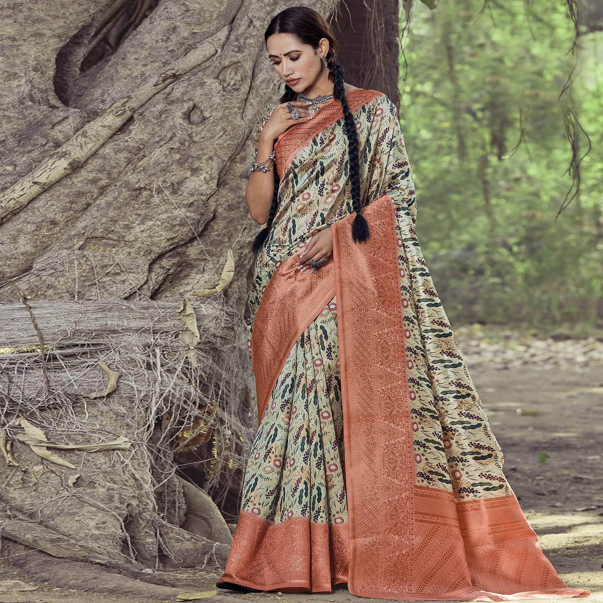Captivating Beige Colored Festive Wear Digital Printed Silk Saree - Peachmode