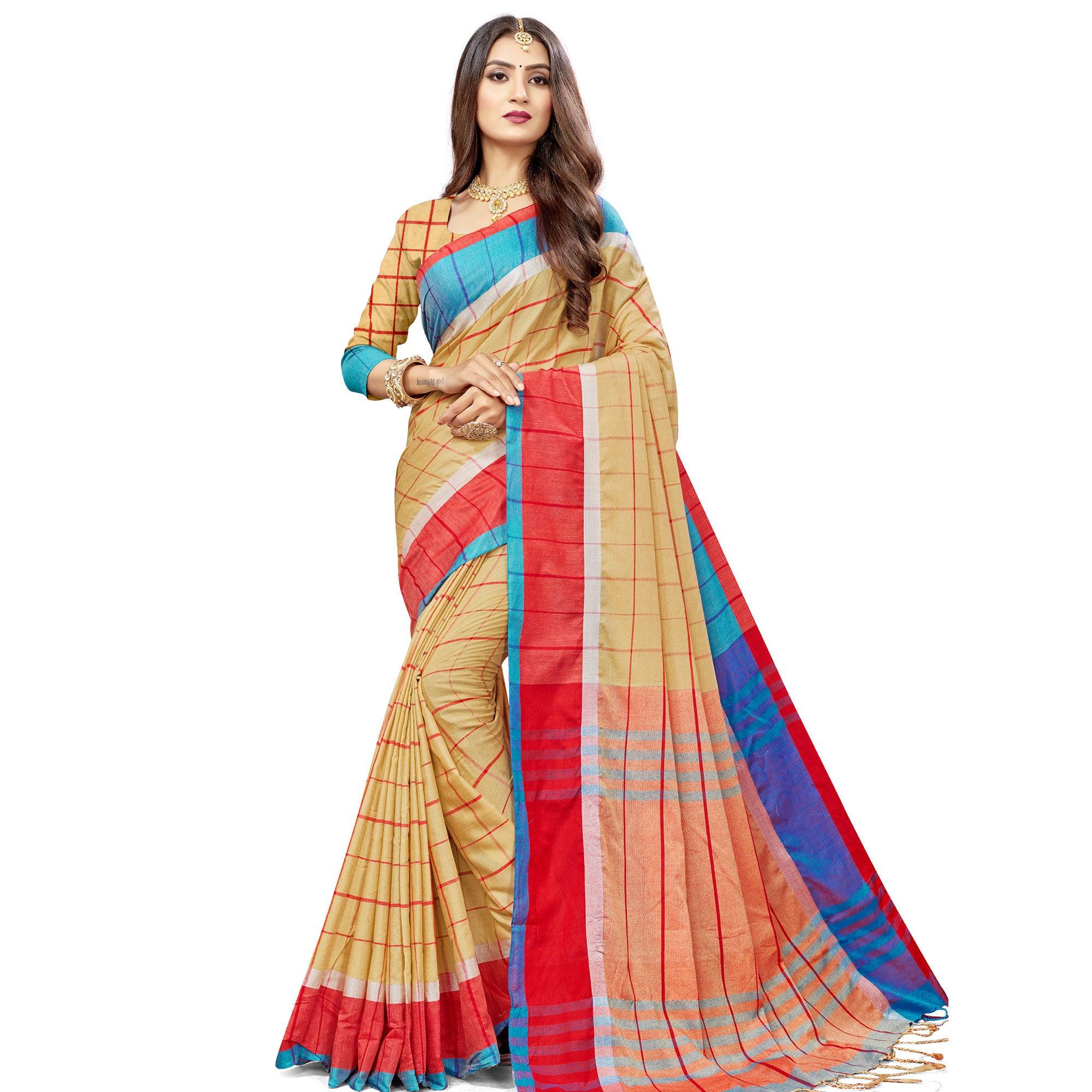 Captivating Beige Colored Festive Wear Stripe Printed Cotton Silk Saree With Tassels - Peachmode