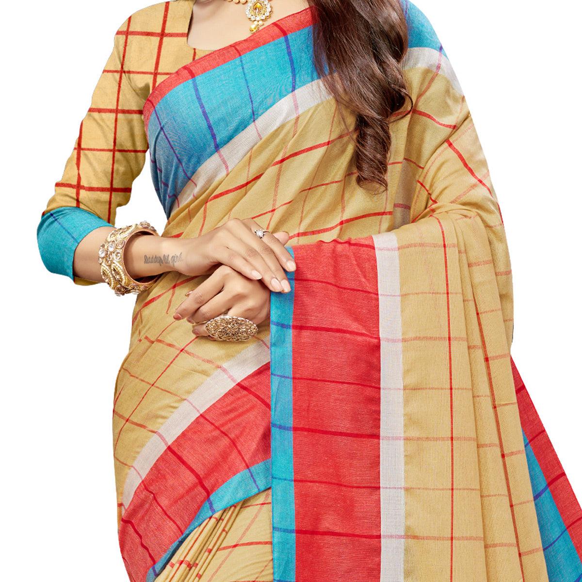 Captivating Beige Colored Festive Wear Stripe Printed Cotton Silk Saree With Tassels - Peachmode