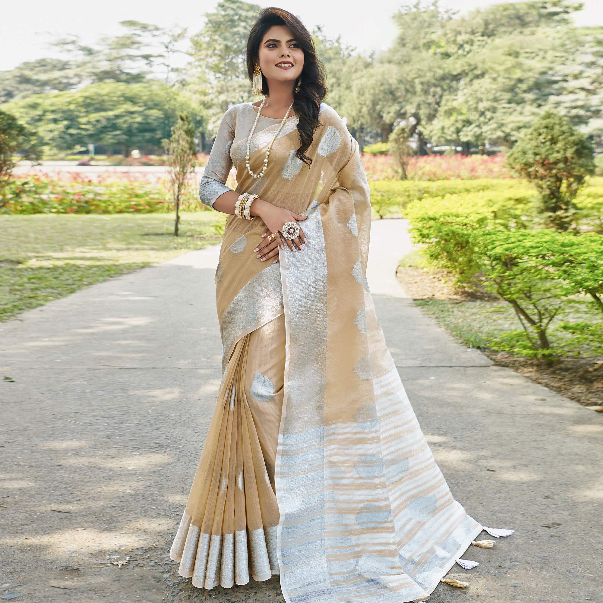 Captivating Beige Colored Festive Wear Woven Linen Cotton Saree - Peachmode