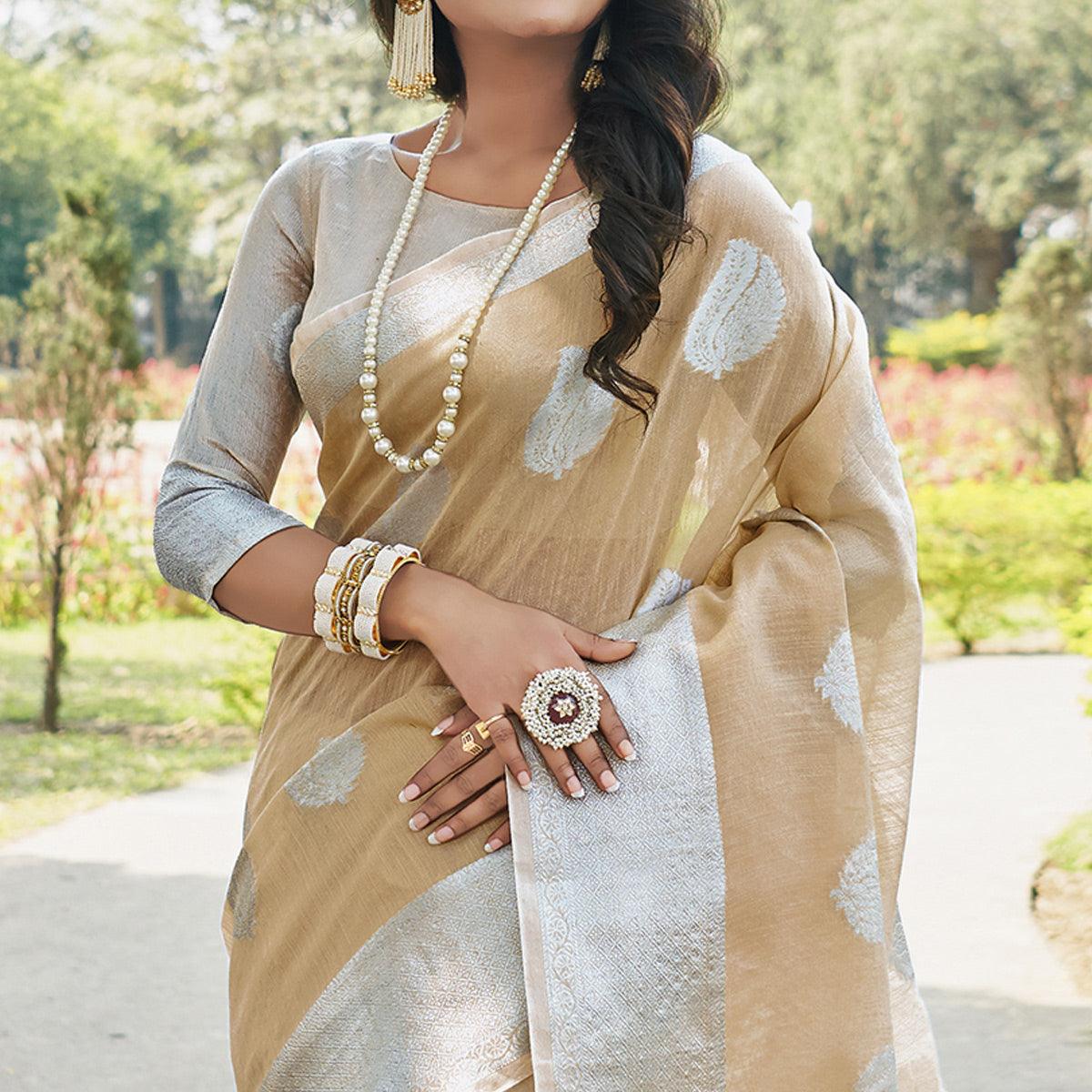 Captivating Beige Colored Festive Wear Woven Linen Cotton Saree - Peachmode