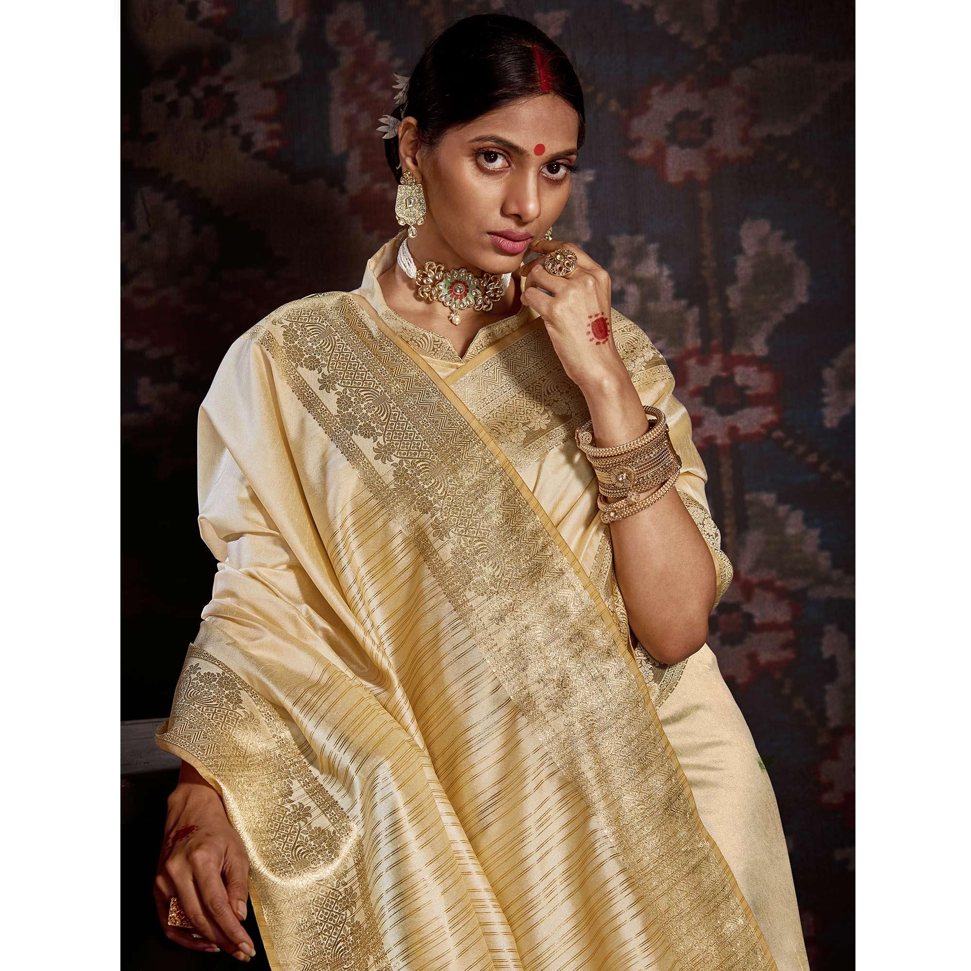 Captivating Beige Colored Festive Wear Woven Silk Saree - Peachmode