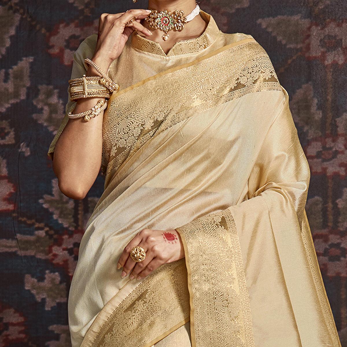 Captivating Beige Colored Festive Wear Woven Silk Saree - Peachmode