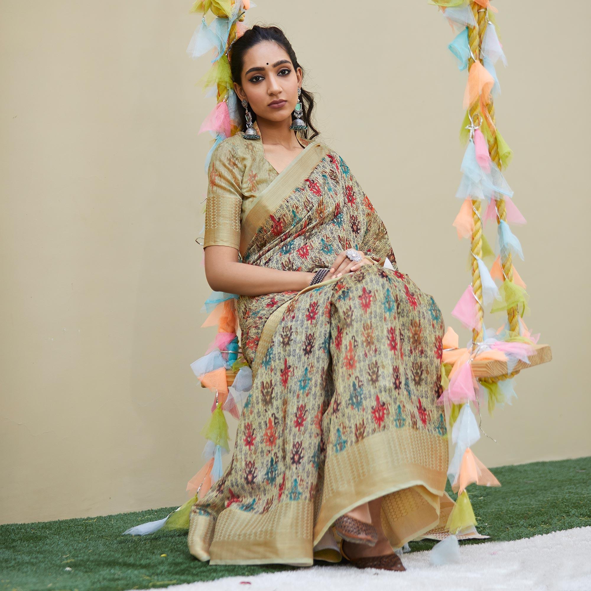 Captivating Beige Colored Party Wear Digital Printed Linen Saree - Peachmode