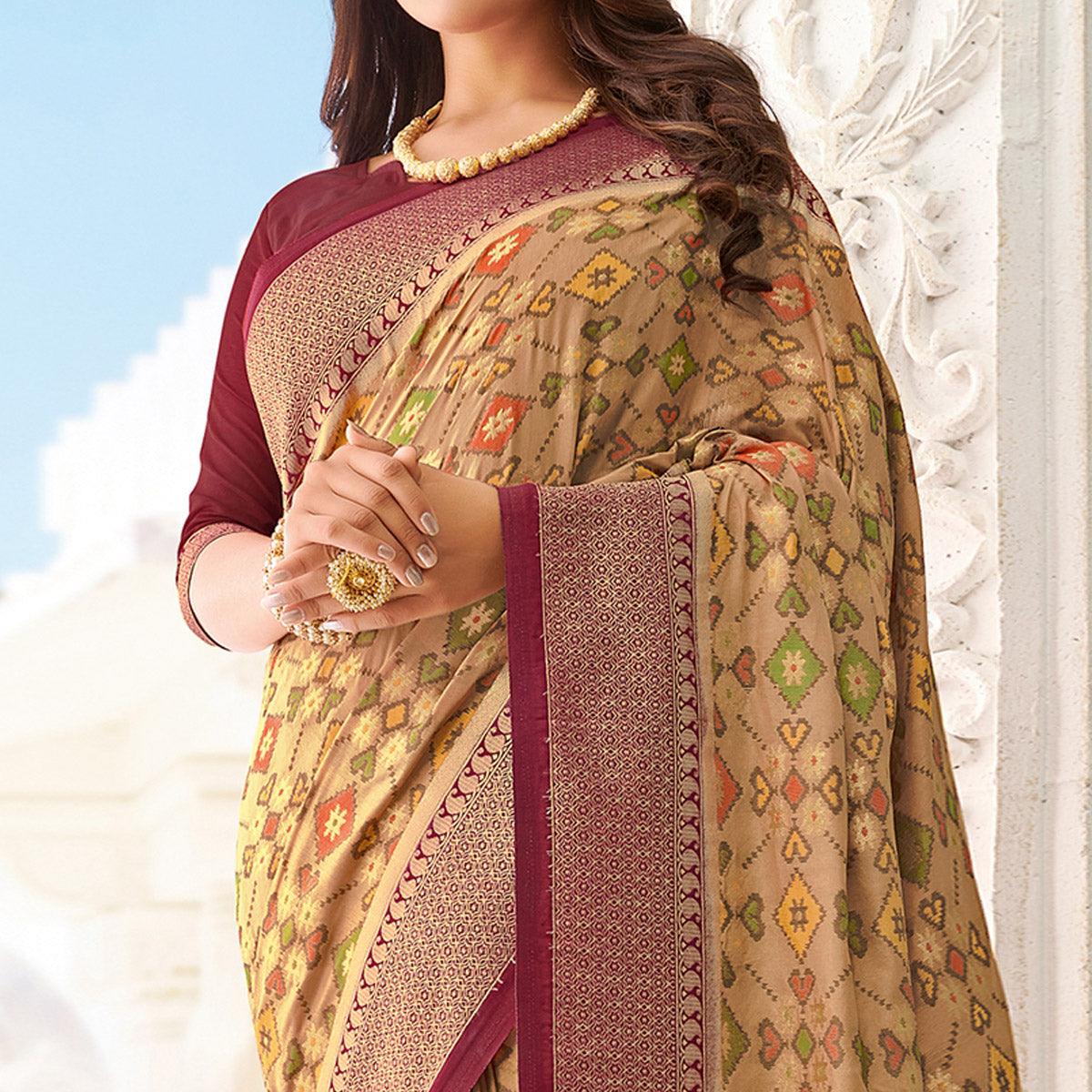 Captivating Beige - Maroon Colored Festive Wear Woven Pure Handloom Silk Saree - Peachmode