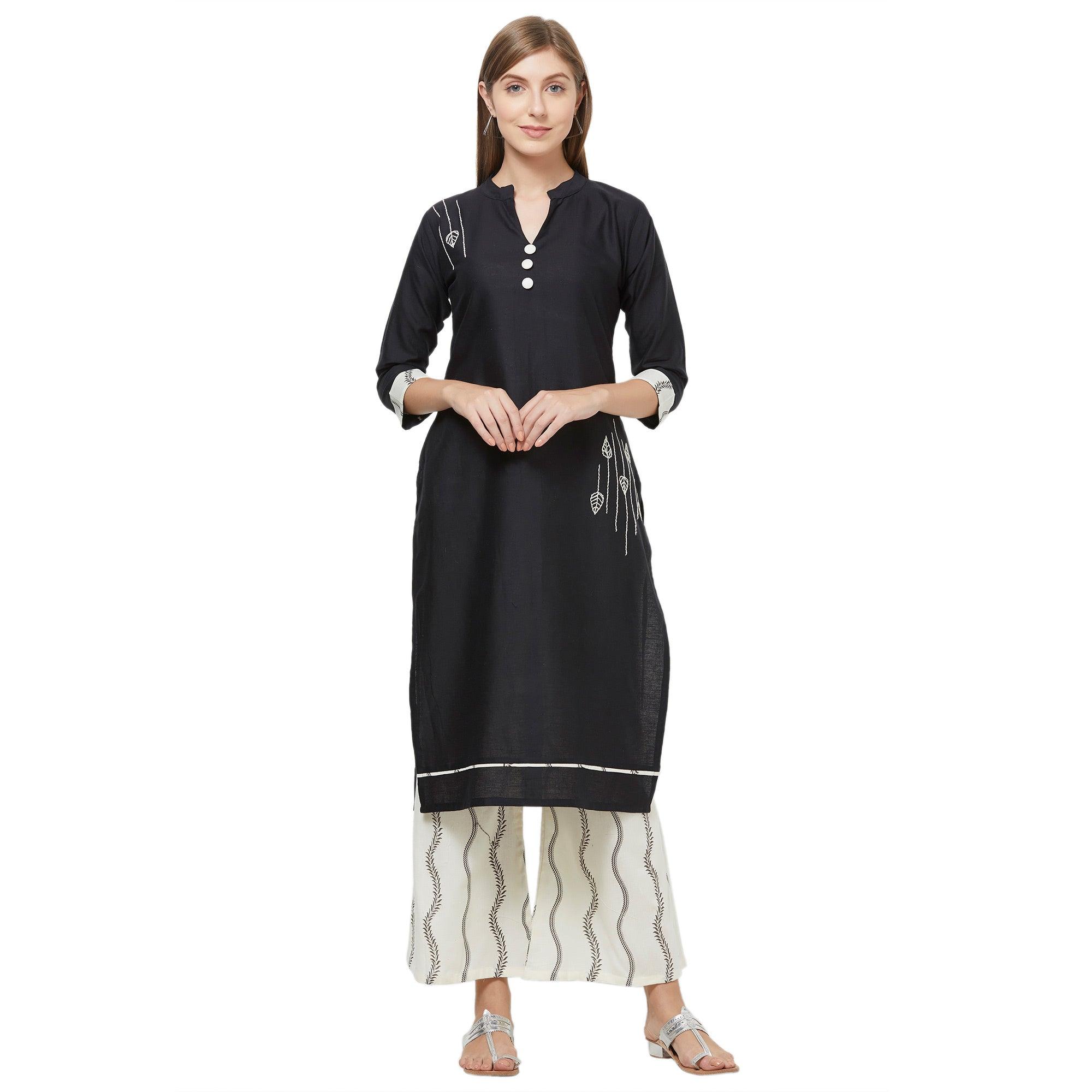 Captivating Black Colored Casual Embroidered Cotton Kurti-Palazzo Set - Peachmode