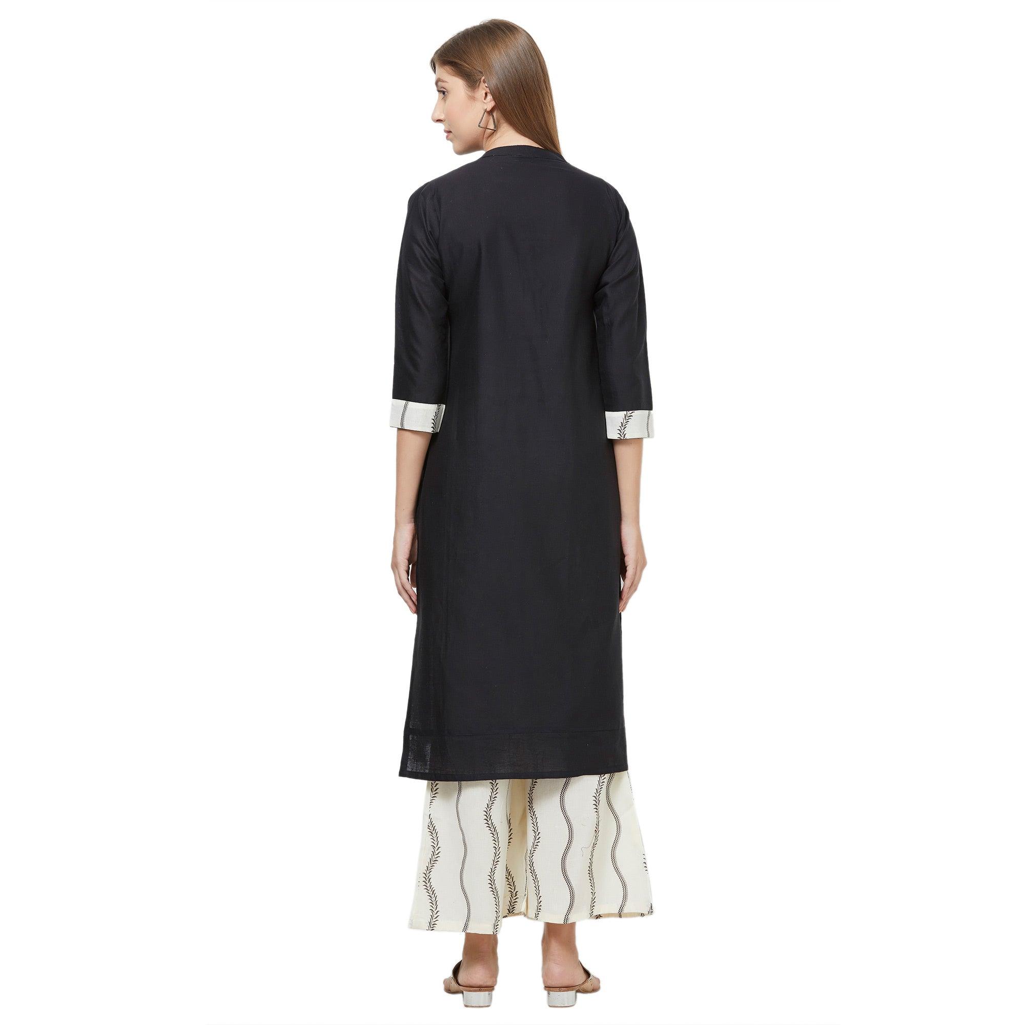 Captivating Black Colored Casual Embroidered Cotton Kurti-Palazzo Set - Peachmode