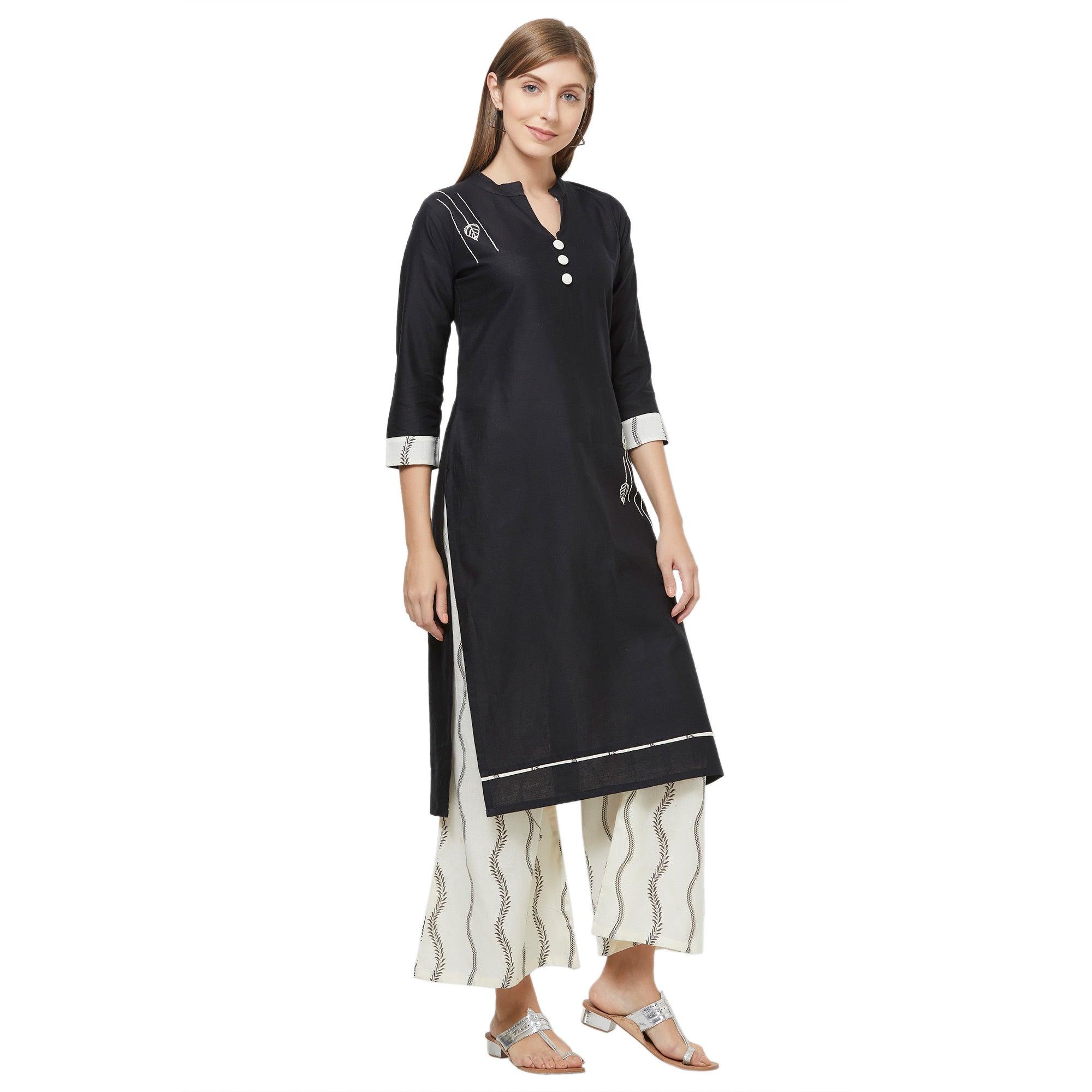 Captivating Black Colored Casual Embroidered Cotton Kurti-Palazzo Set - Peachmode