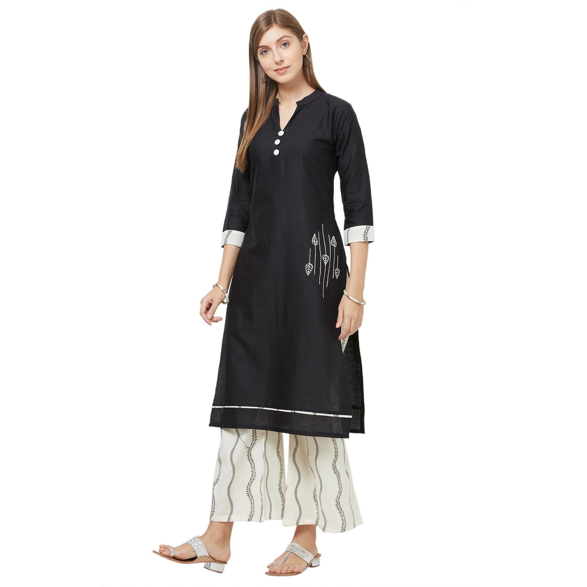 Captivating Black Colored Casual Embroidered Cotton Kurti-Palazzo Set - Peachmode