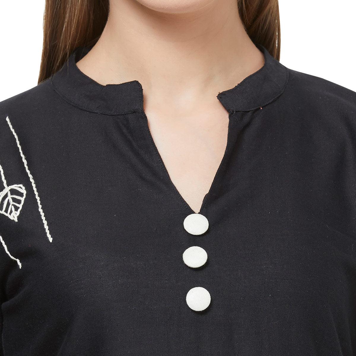 Captivating Black Colored Casual Embroidered Cotton Kurti-Palazzo Set - Peachmode