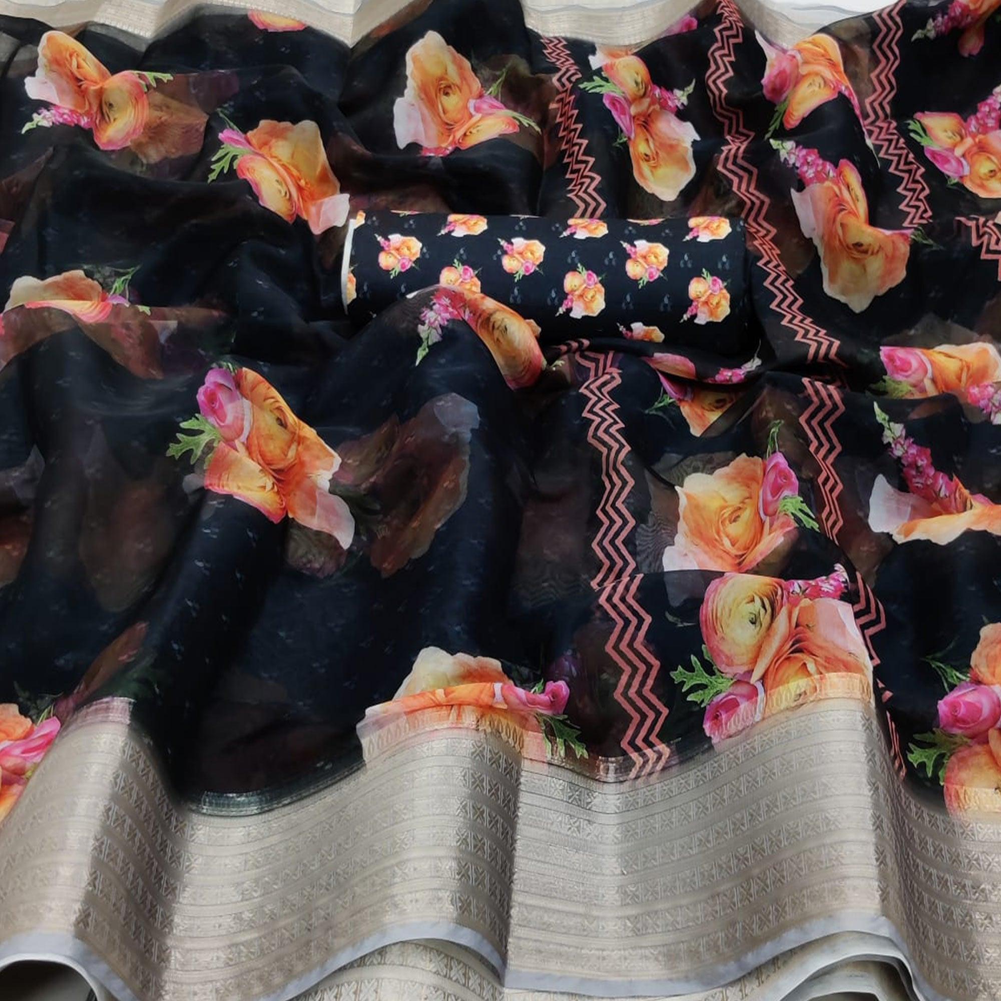 Captivating Black Colored Partywear Digital Printed Georgette Saree - Peachmode