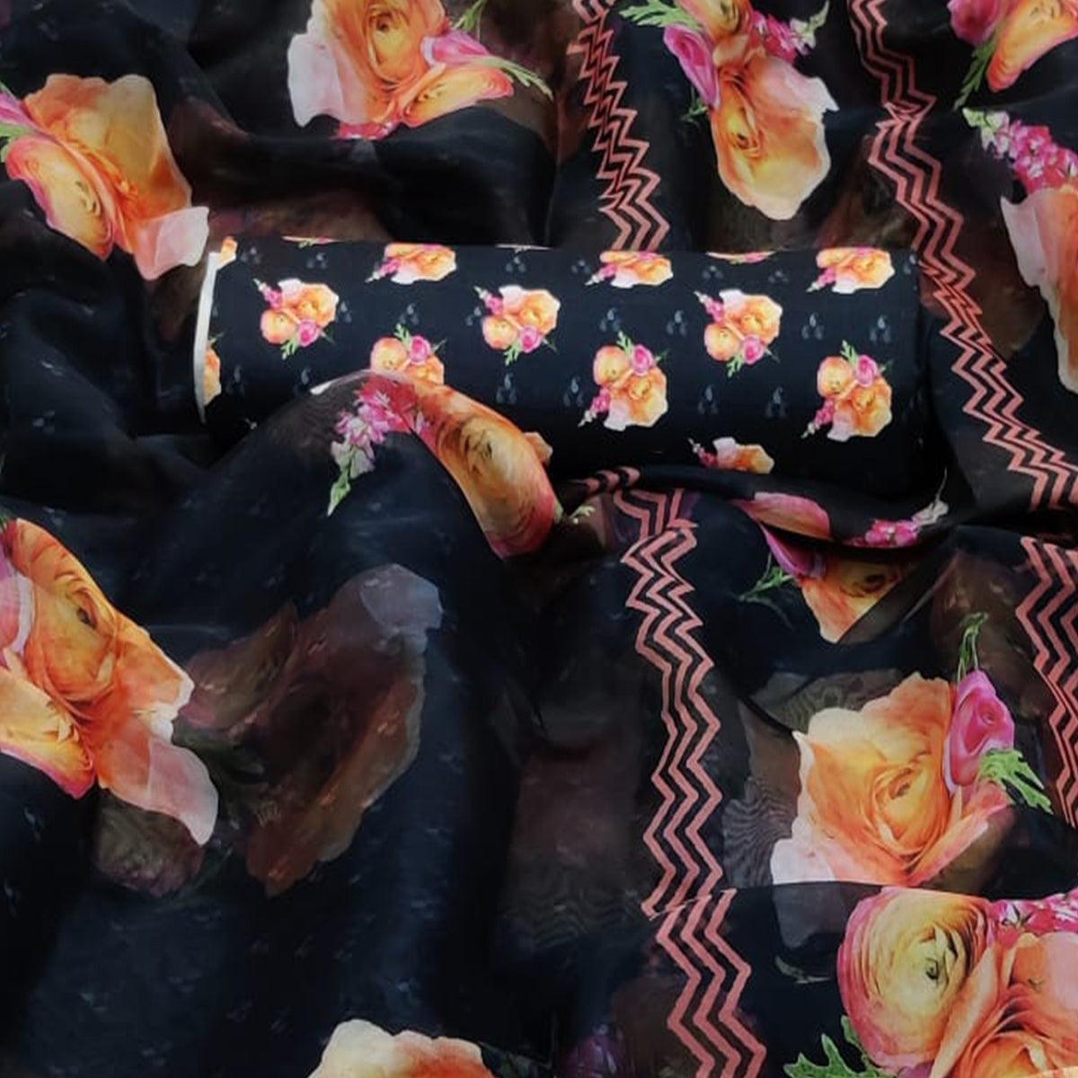 Captivating Black Colored Partywear Digital Printed Georgette Saree - Peachmode
