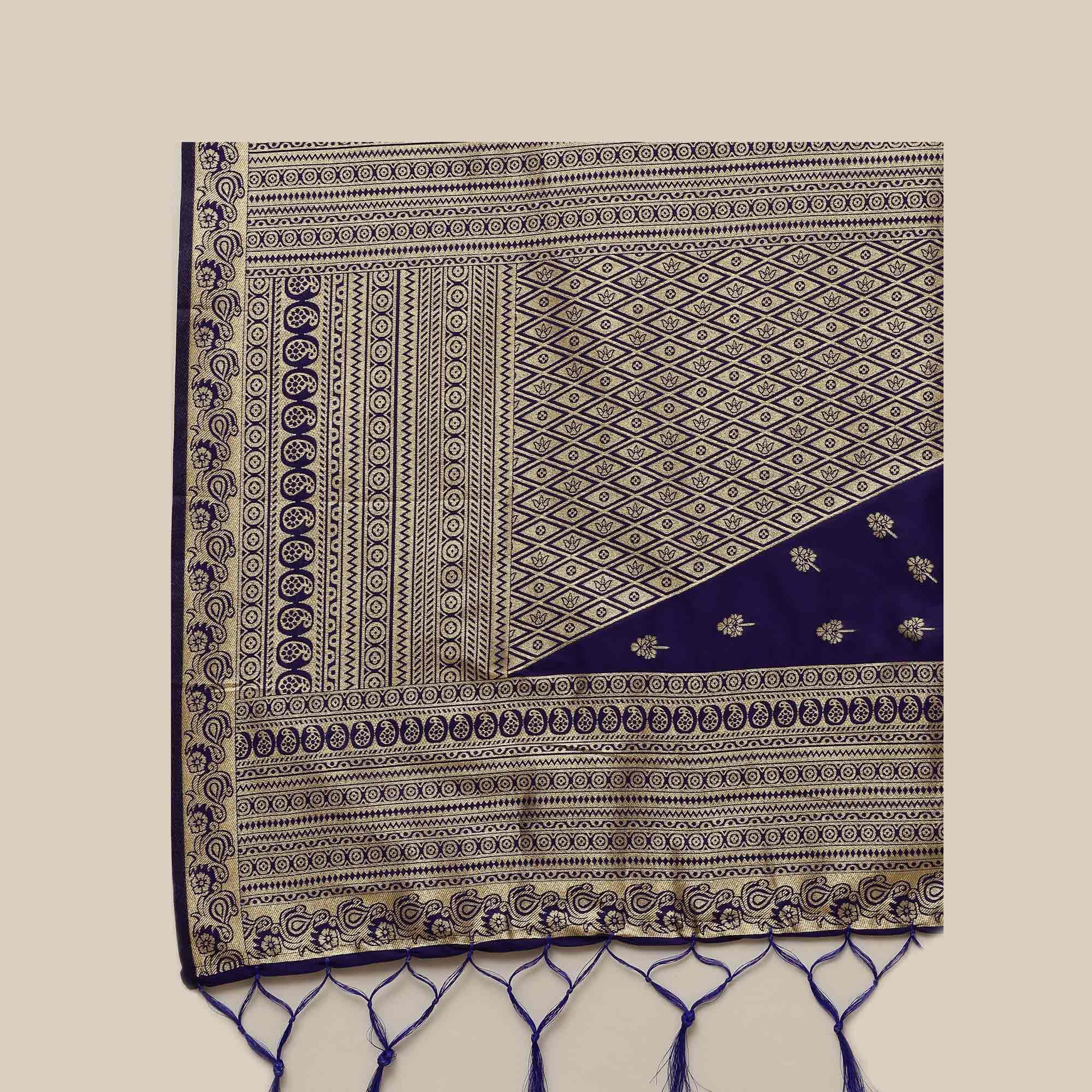 Captivating Blue Colored Festive Wear Silk Blend Woven Floral Saree With Tassels - Peachmode