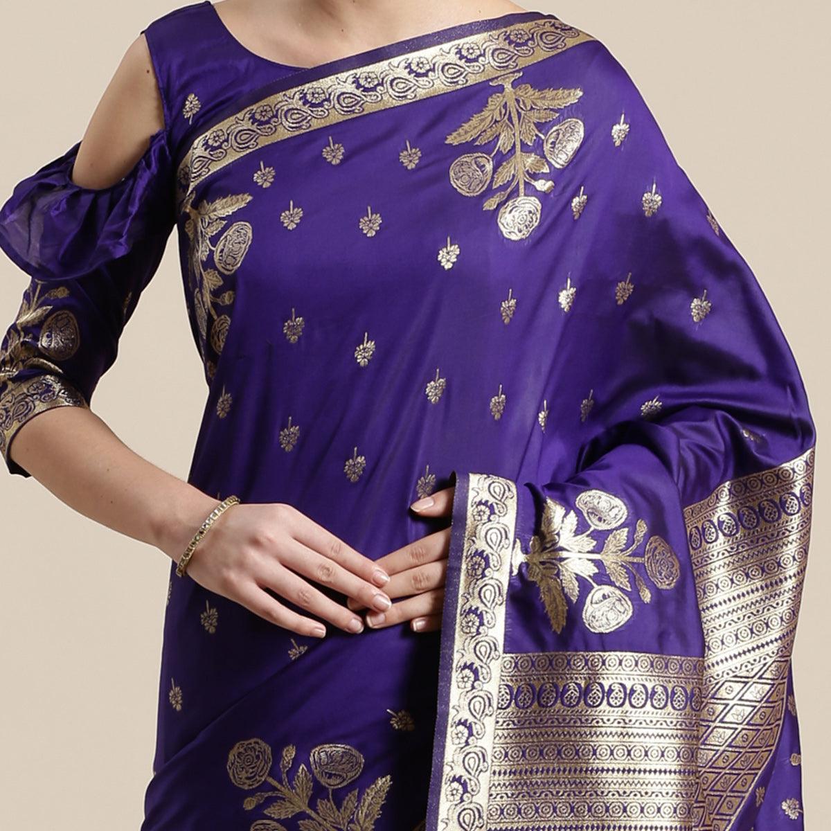 Captivating Blue Colored Festive Wear Silk Blend Woven Floral Saree With Tassels - Peachmode