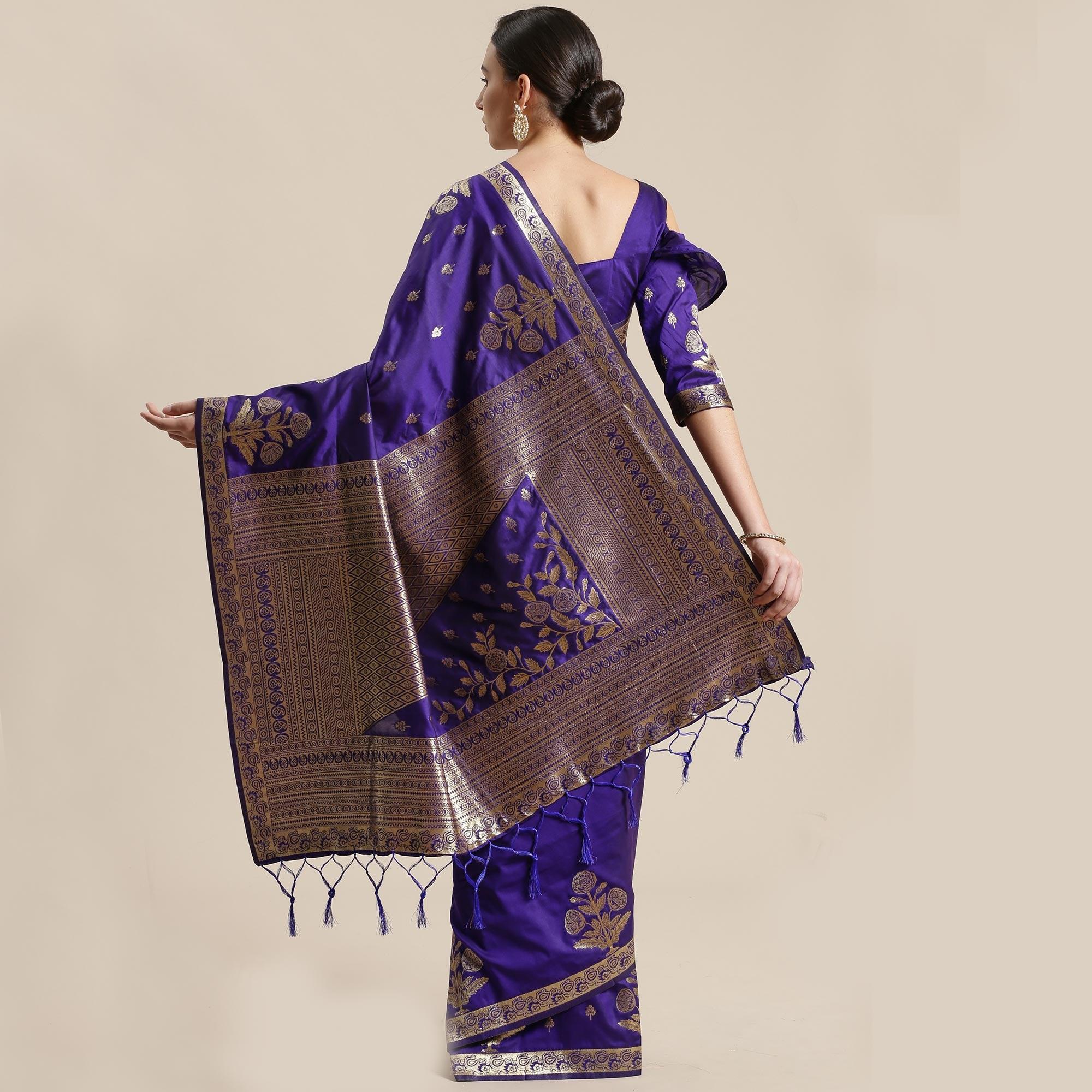 Captivating Blue Colored Festive Wear Silk Blend Woven Floral Saree With Tassels - Peachmode