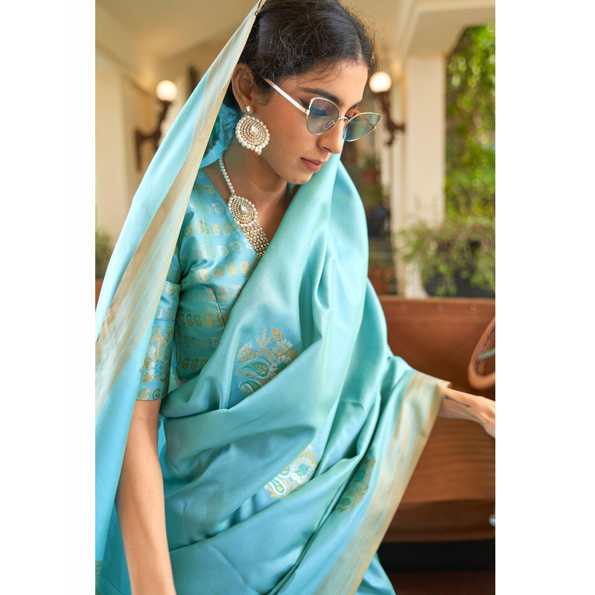 Captivating Blue Colored Zari Work Festive Wear Banarasi Silk Saree - Peachmode