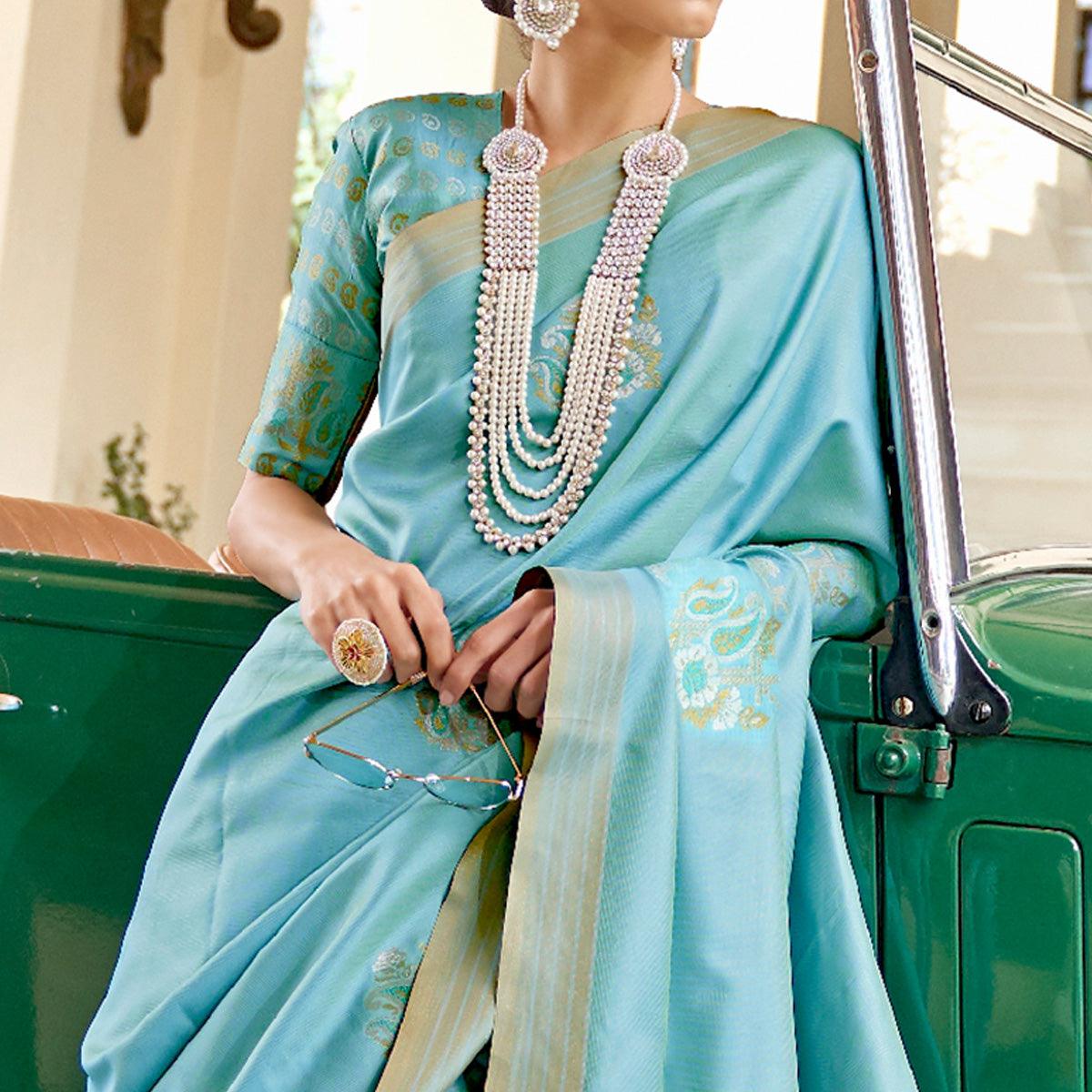 Captivating Blue Colored Zari Work Festive Wear Banarasi Silk Saree - Peachmode