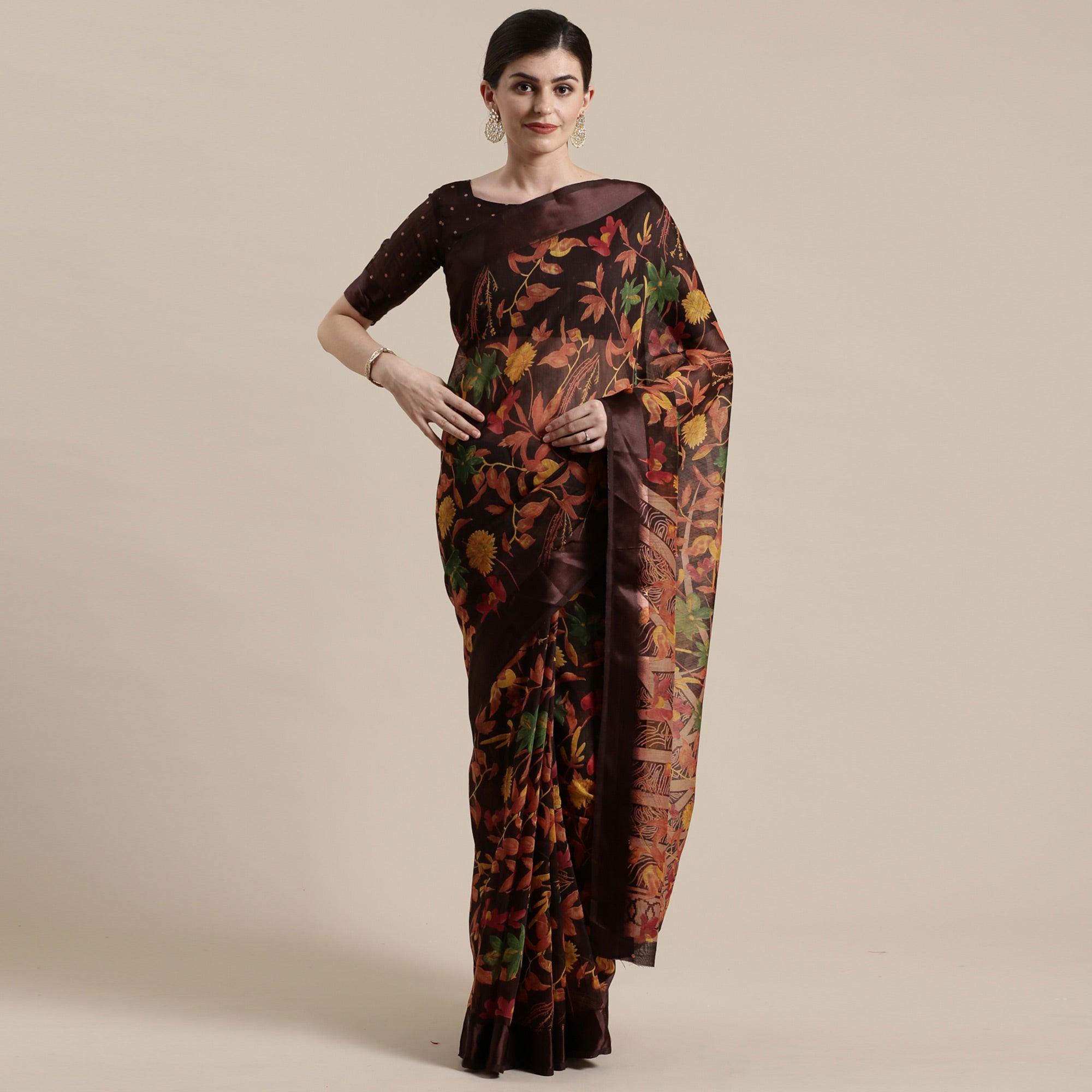 Captivating Brown Colored Casual Wear Floral Printed Cotton Silk Saree - Peachmode