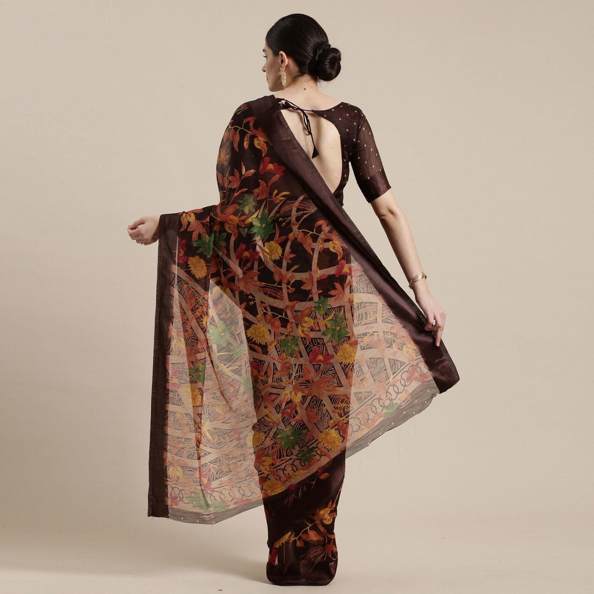 Captivating Brown Colored Casual Wear Floral Printed Cotton Silk Saree - Peachmode
