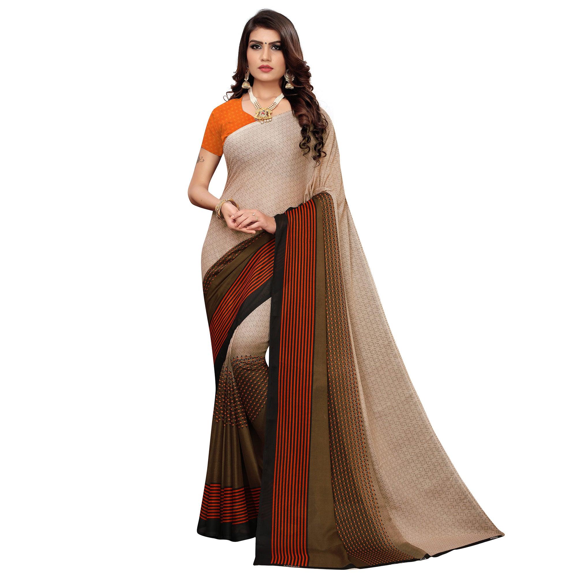 Captivating Brown Colored Casual Wear Printed Georgette Saree - Peachmode