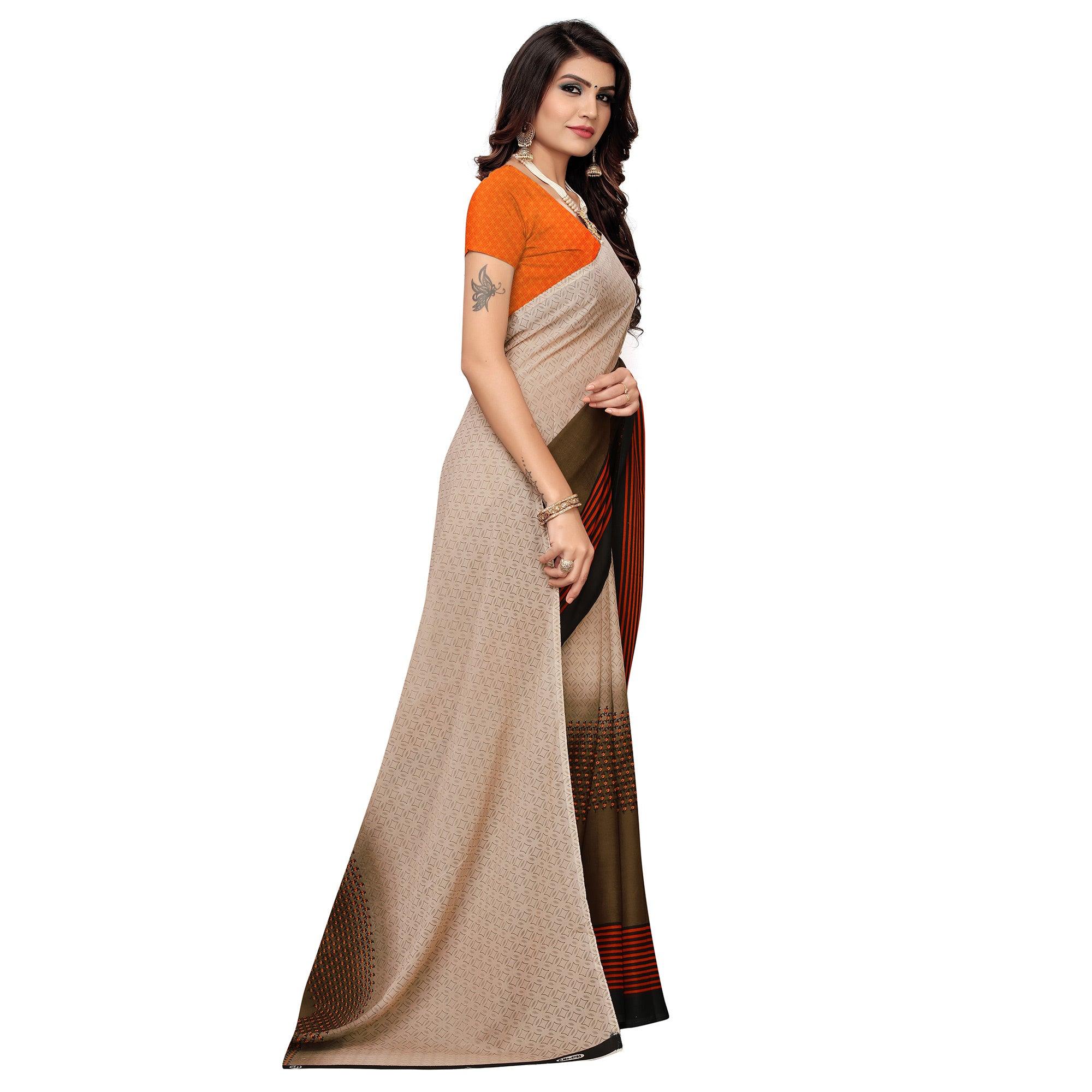 Captivating Brown Colored Casual Wear Printed Georgette Saree - Peachmode