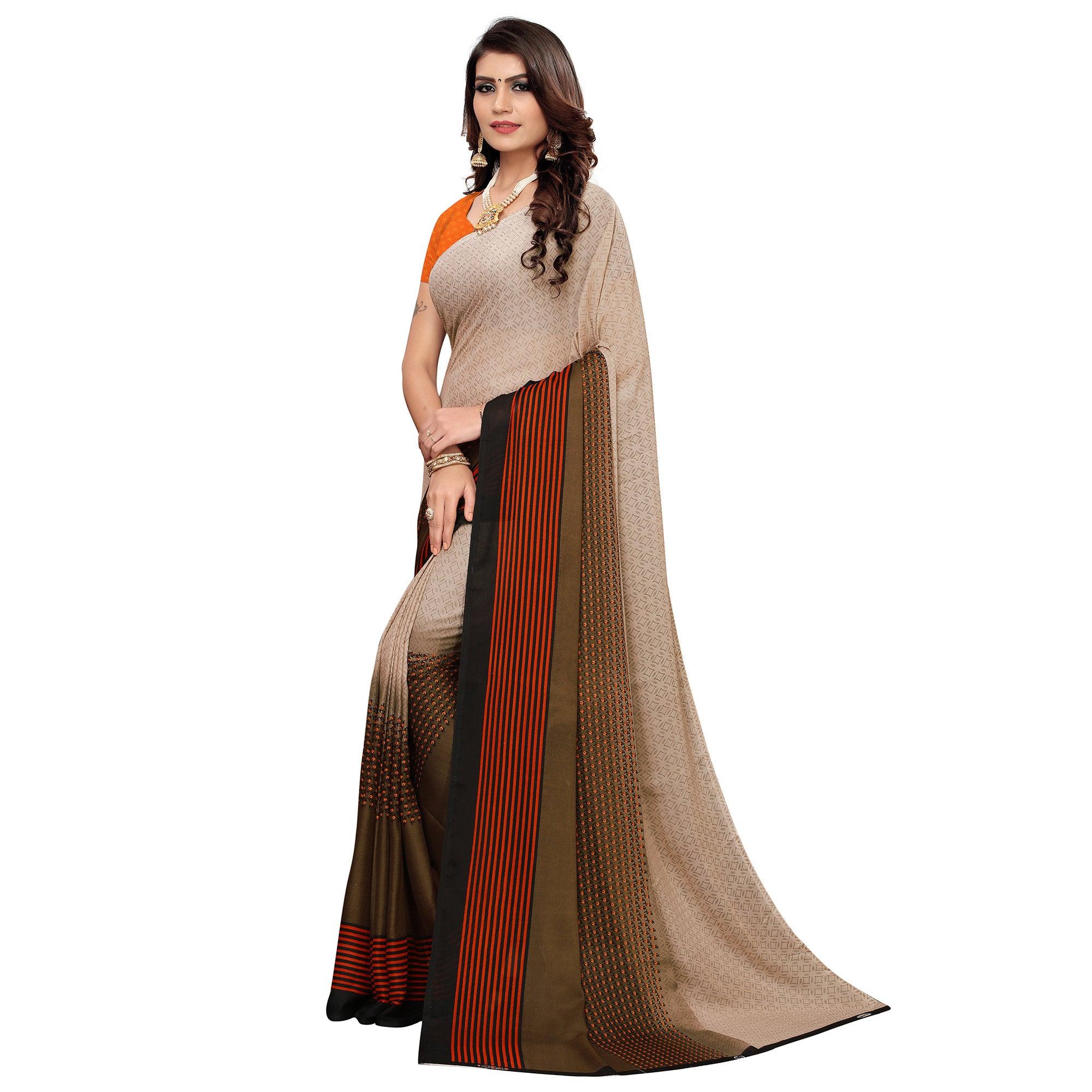 Captivating Brown Colored Casual Wear Printed Georgette Saree - Peachmode