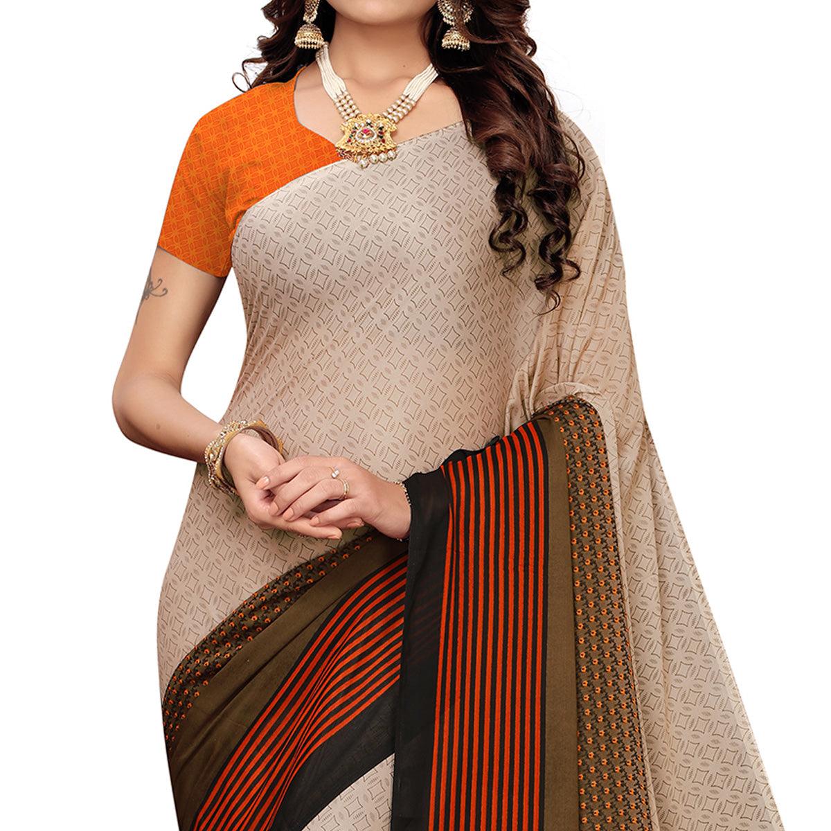 Captivating Brown Colored Casual Wear Printed Georgette Saree - Peachmode