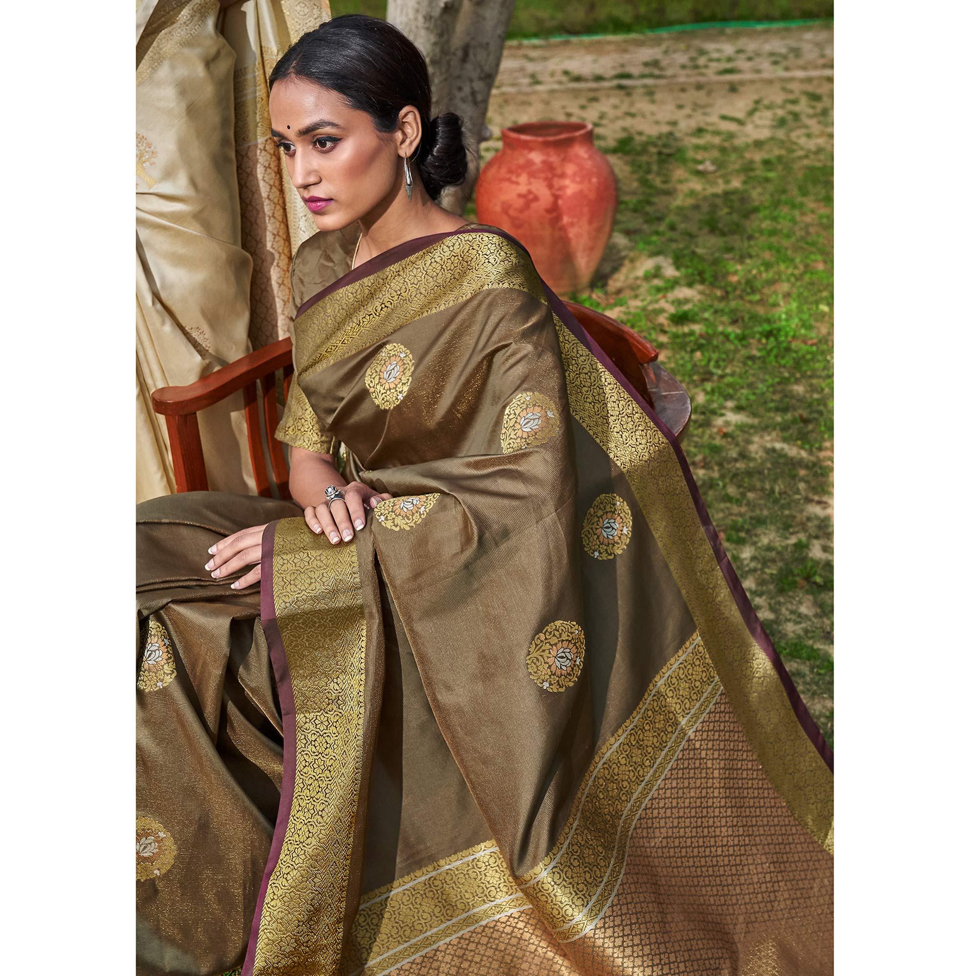 Captivating Brown Colored Festive Wear Woven Soft Silk Saree - Peachmode