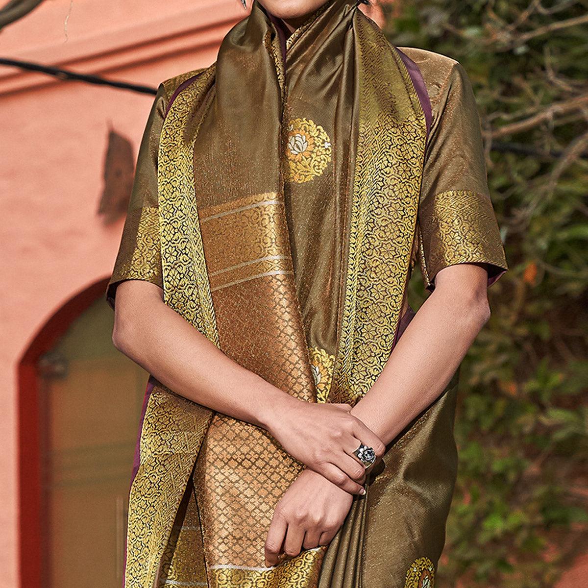Captivating Brown Colored Festive Wear Woven Soft Silk Saree - Peachmode