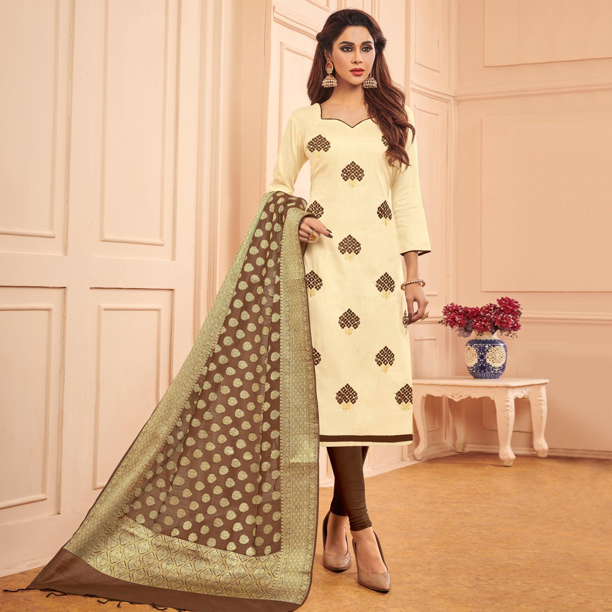 Captivating Cream Colored Casual Wear Embroidered Cotton Dress Material With Banarasi Silk Dupatta - Peachmode