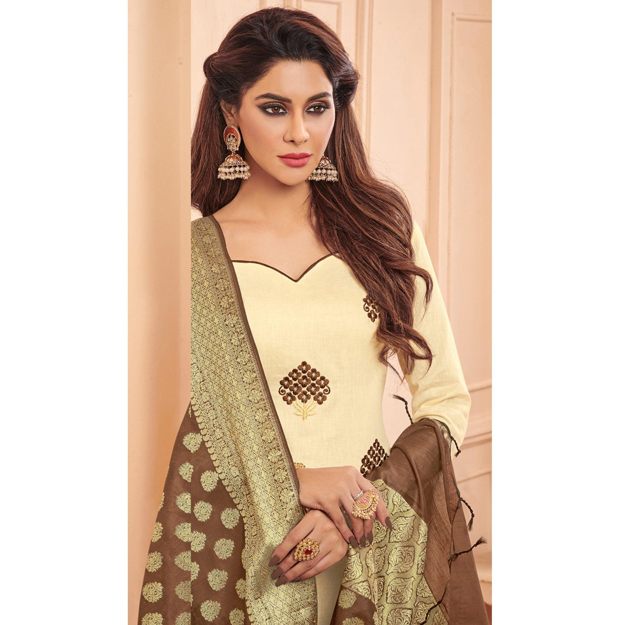 Captivating Cream Colored Casual Wear Embroidered Cotton Dress Material With Banarasi Silk Dupatta - Peachmode