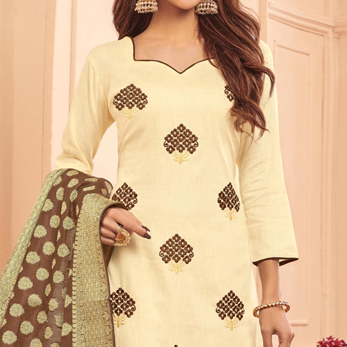 Captivating Cream Colored Casual Wear Embroidered Cotton Dress Material With Banarasi Silk Dupatta - Peachmode