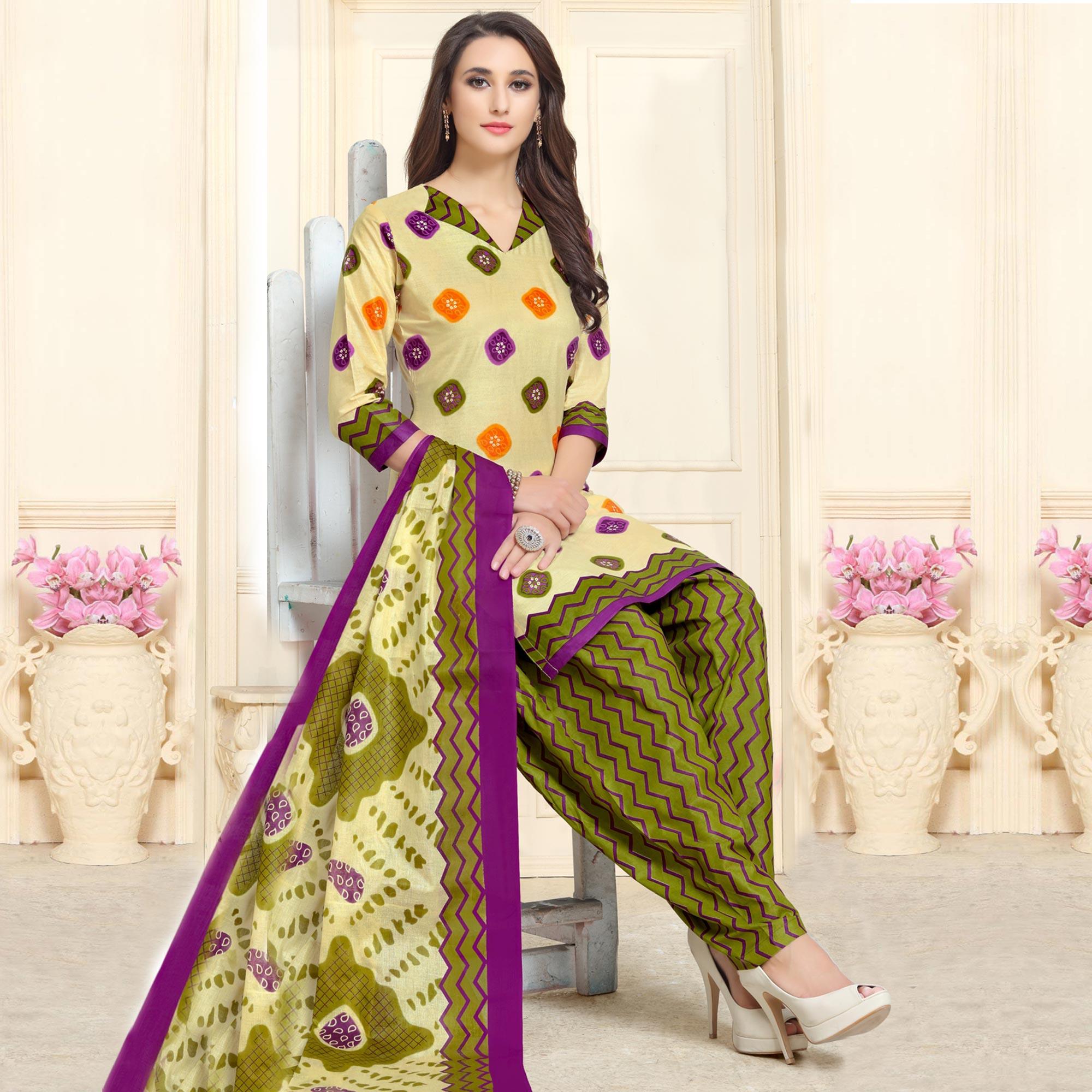 Captivating Cream-Olive Green Colored Casual Wear Printed Cotton Patiala Dress Material - Peachmode