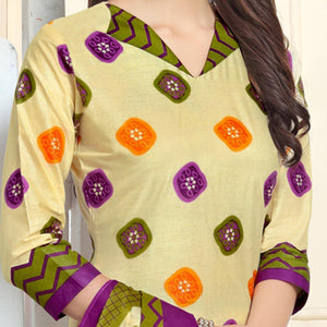 Captivating Cream-Olive Green Colored Casual Wear Printed Cotton Patiala Dress Material - Peachmode
