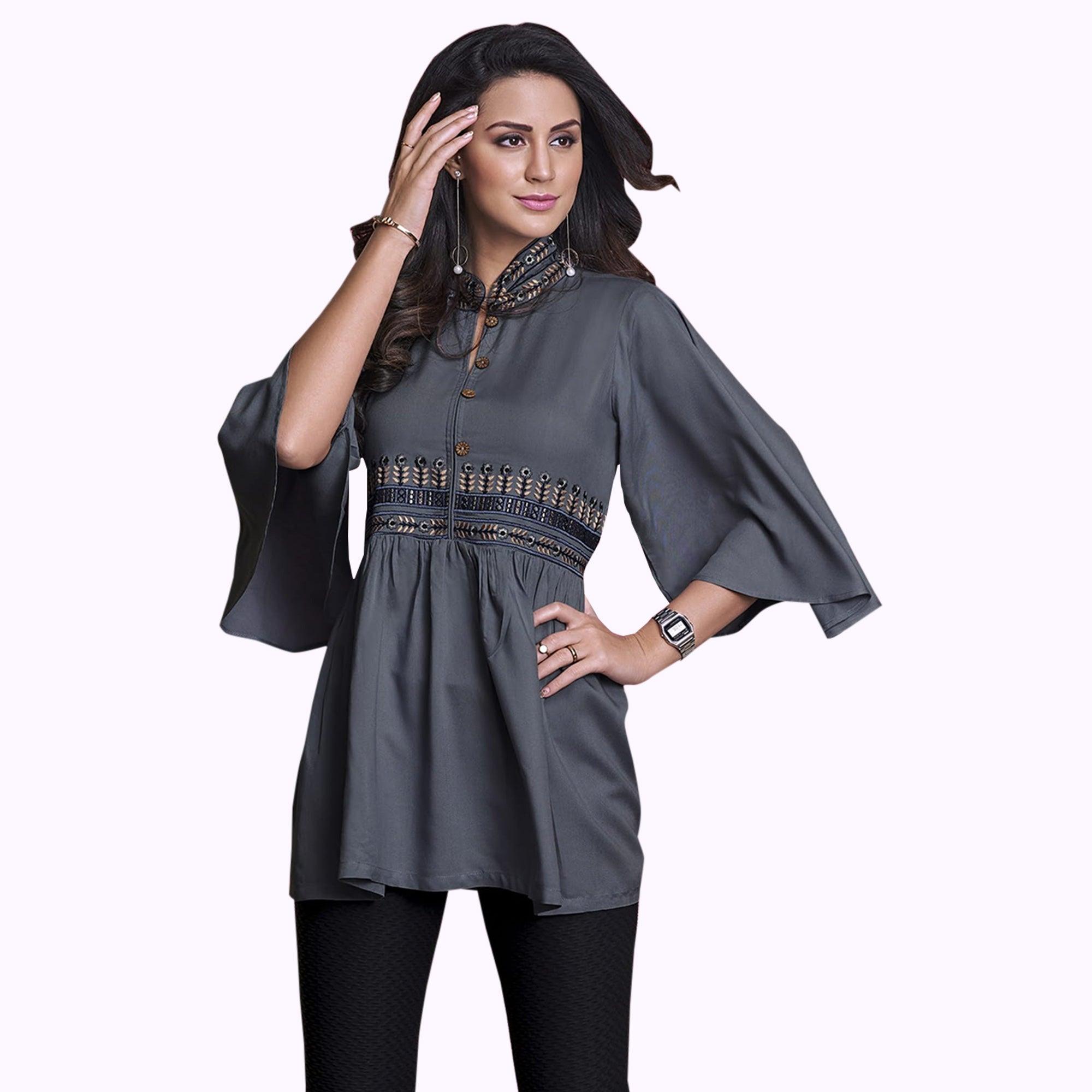 Captivating Dark Gray Colored Partywear Embroidered Rayon Western Top - Peachmode