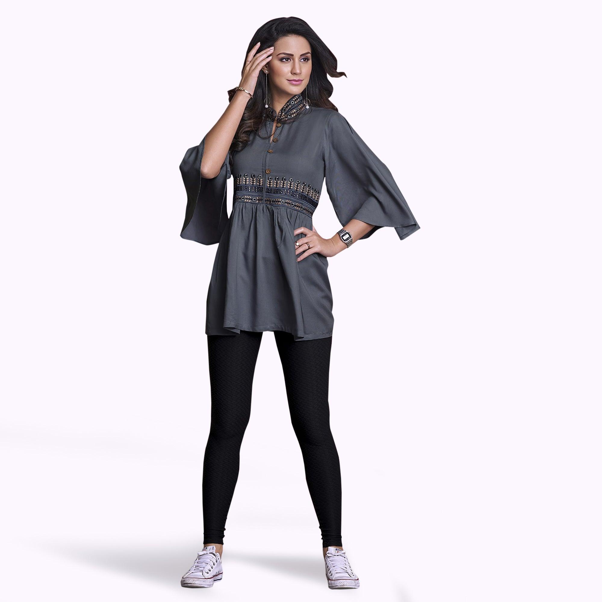 Captivating Dark Gray Colored Partywear Embroidered Rayon Western Top - Peachmode