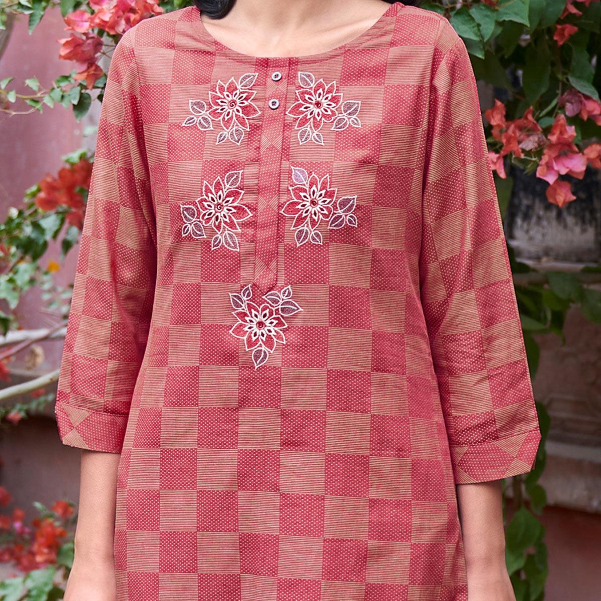 Captivating Dark Peach Colored Casual Wear Embroidered Pure Cotton Kurti - Peachmode