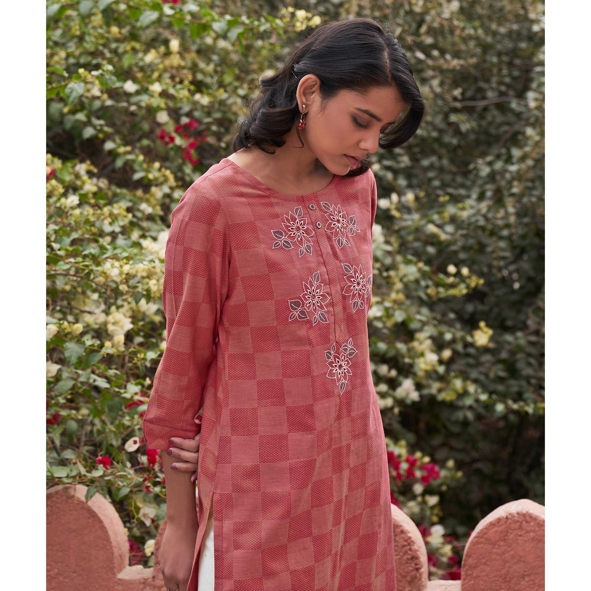 Captivating Dark Peach Colored Casual Wear Embroidered Pure Cotton Kurti - Peachmode