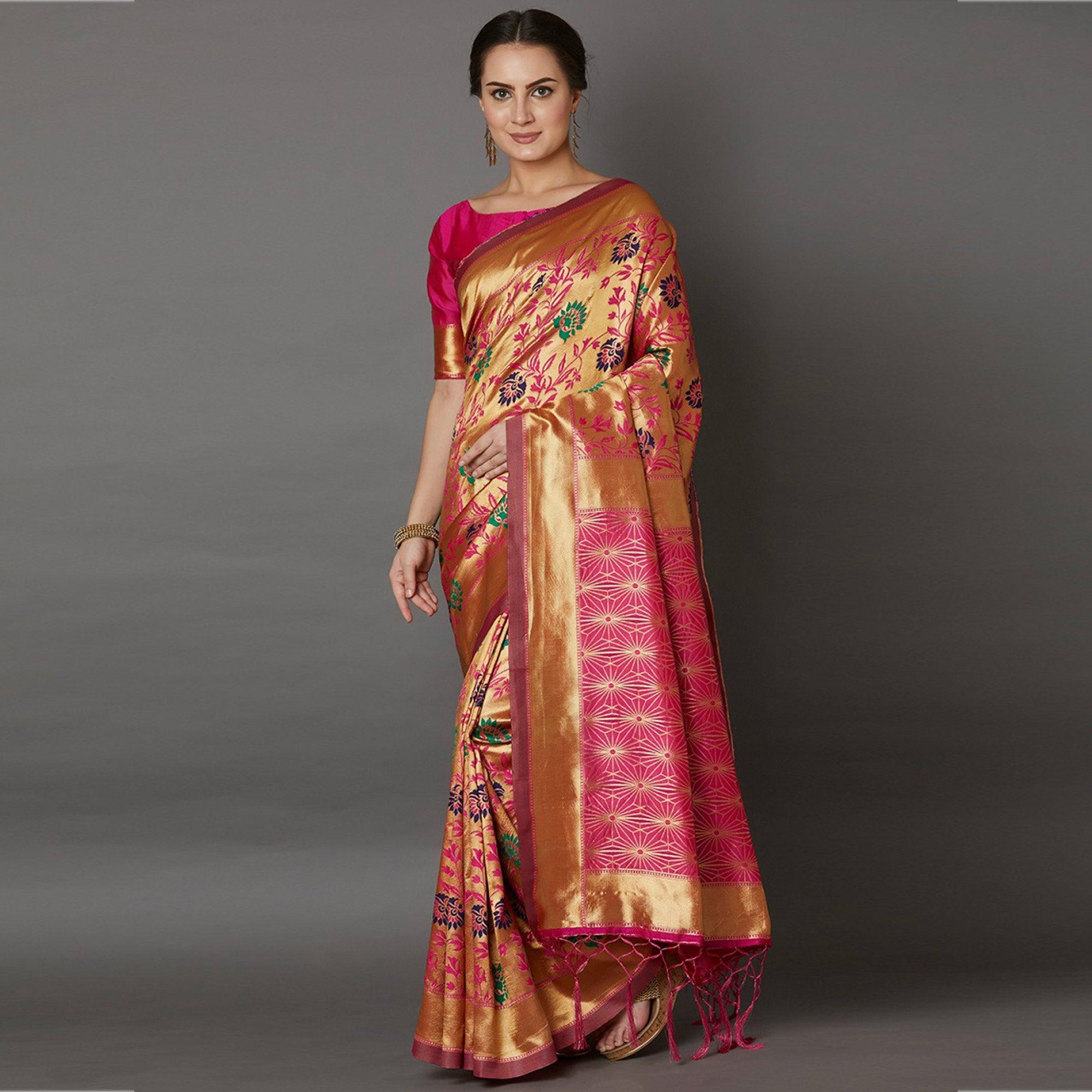 Captivating Golden Colored Festive Wear Woven Silk Saree - Peachmode