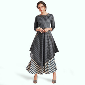 Captivating Gray-Black Colored Partywear Printed Rayon Kurti - Peachmode