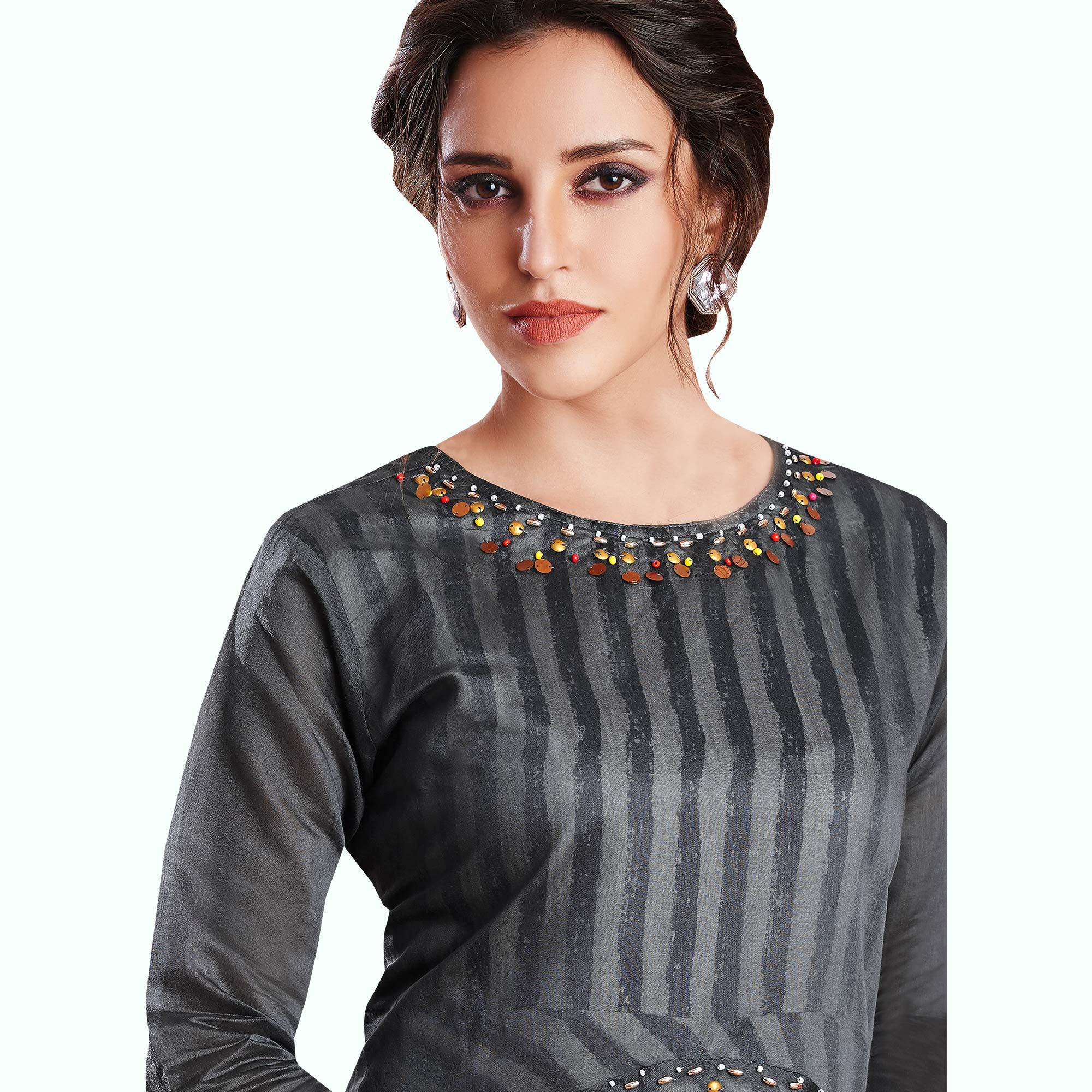 Captivating Gray-Black Colored Partywear Printed Rayon Kurti - Peachmode