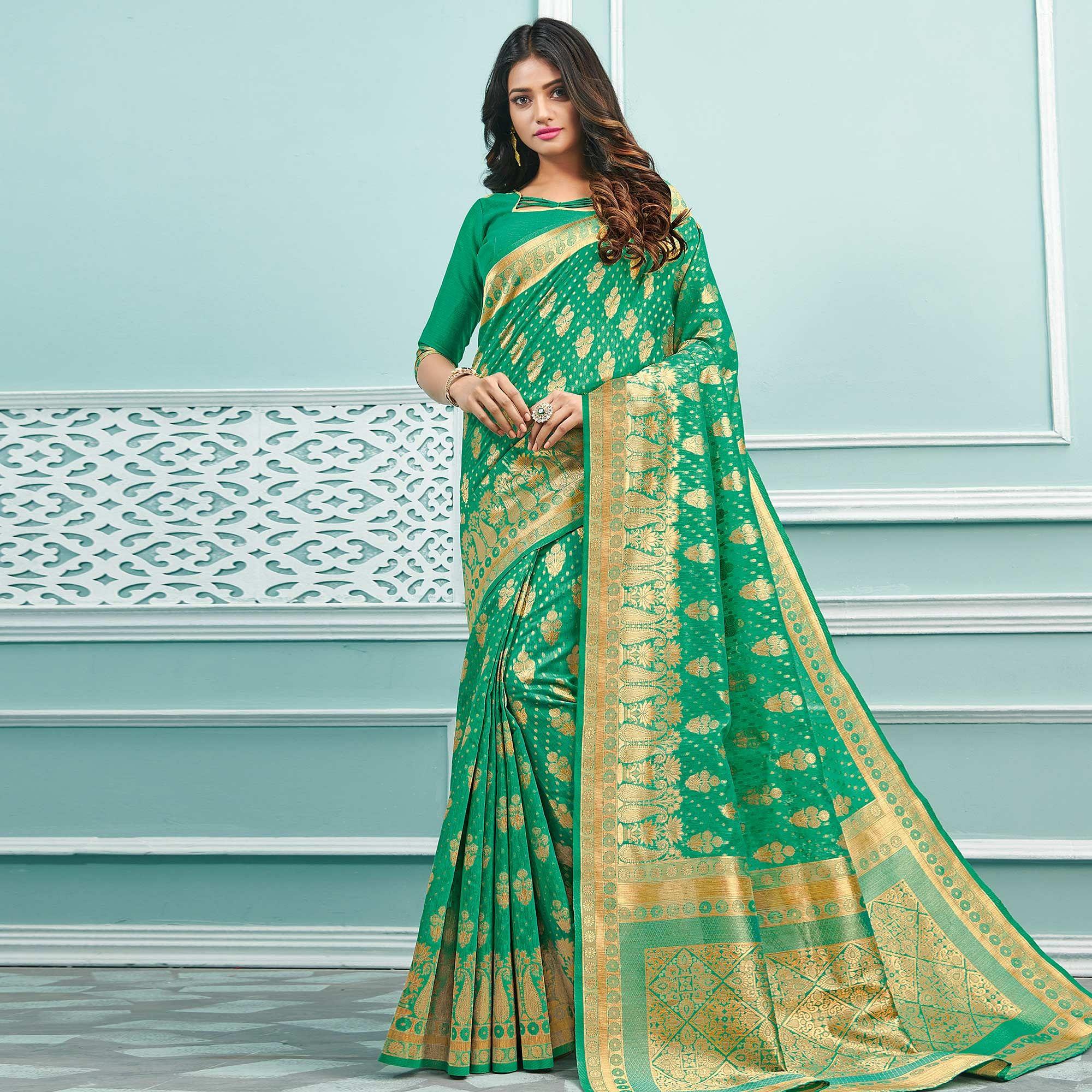 Captivating Green Colored Festive Wear Woven Cotton Handloom Saree - Peachmode