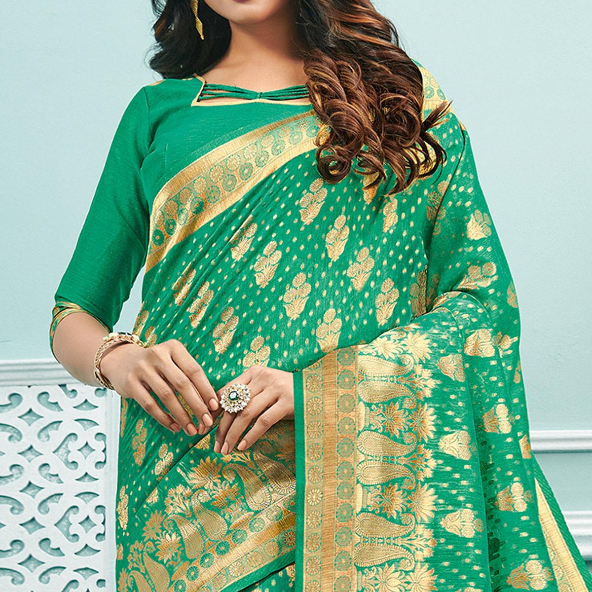 Captivating Green Colored Festive Wear Woven Cotton Handloom Saree - Peachmode