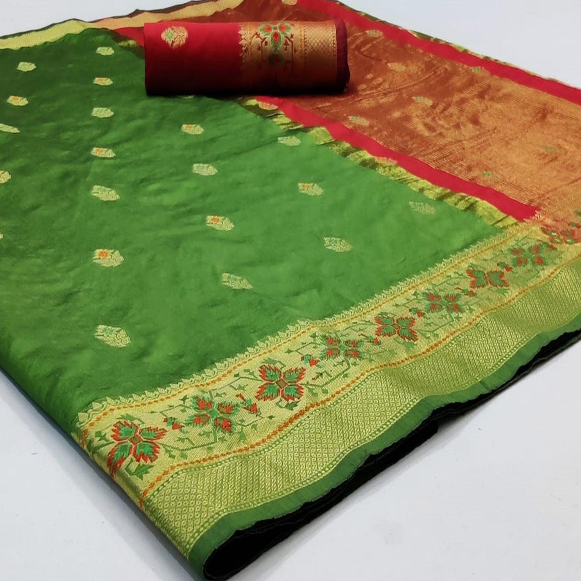 Captivating Green Colored Festive Wear Woven Silk Saree - Peachmode