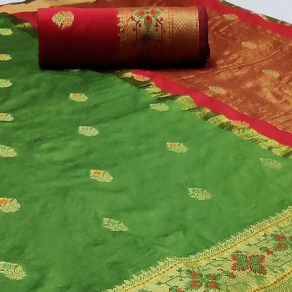 Captivating Green Colored Festive Wear Woven Silk Saree - Peachmode