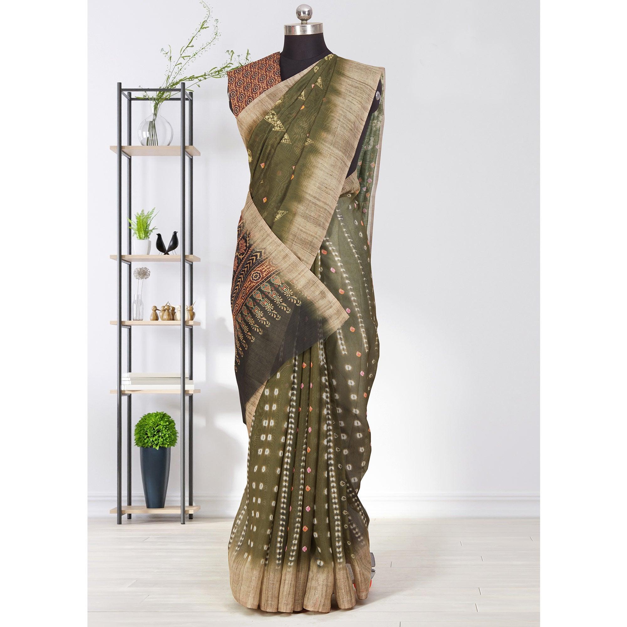 Captivating Green Coloured Casual Wear Printed Linen Saree - Peachmode