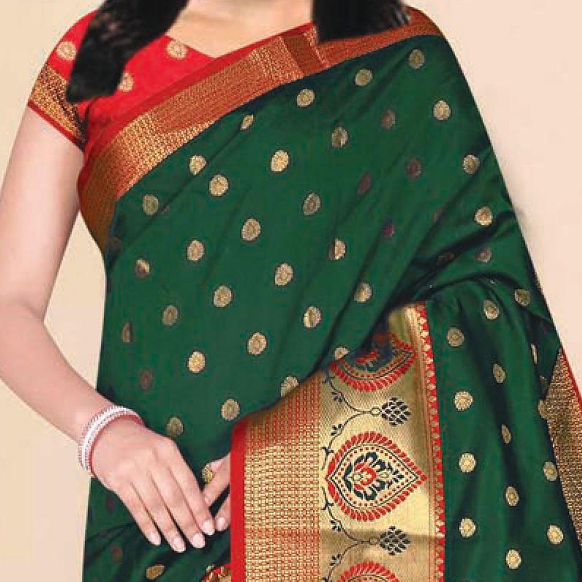 Captivating Green Coloured Festive Wear Woven Kota Litchi Art Silk Saree - Peachmode
