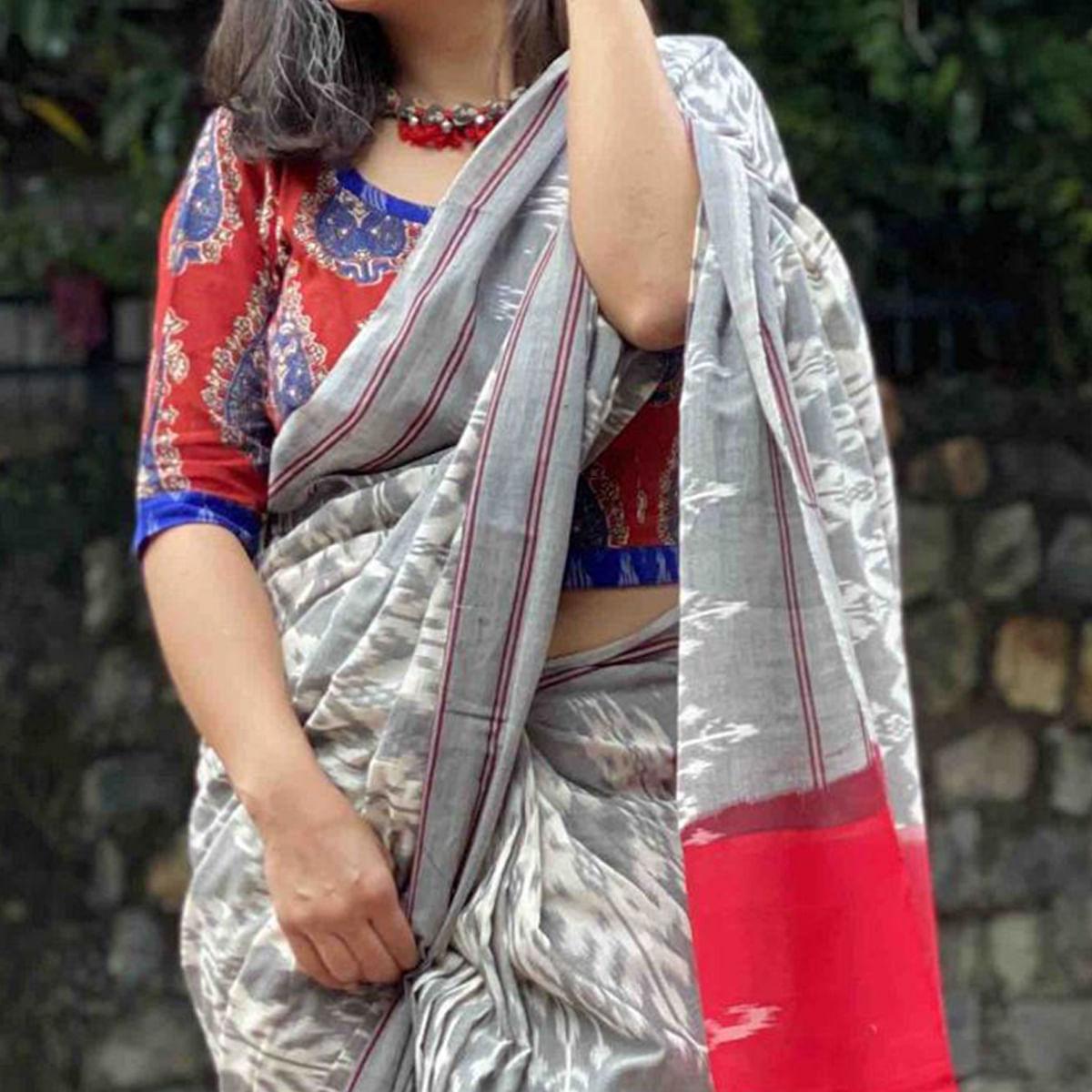 Captivating Grey Colored Casual Wear Printed Silk Saree - Peachmode