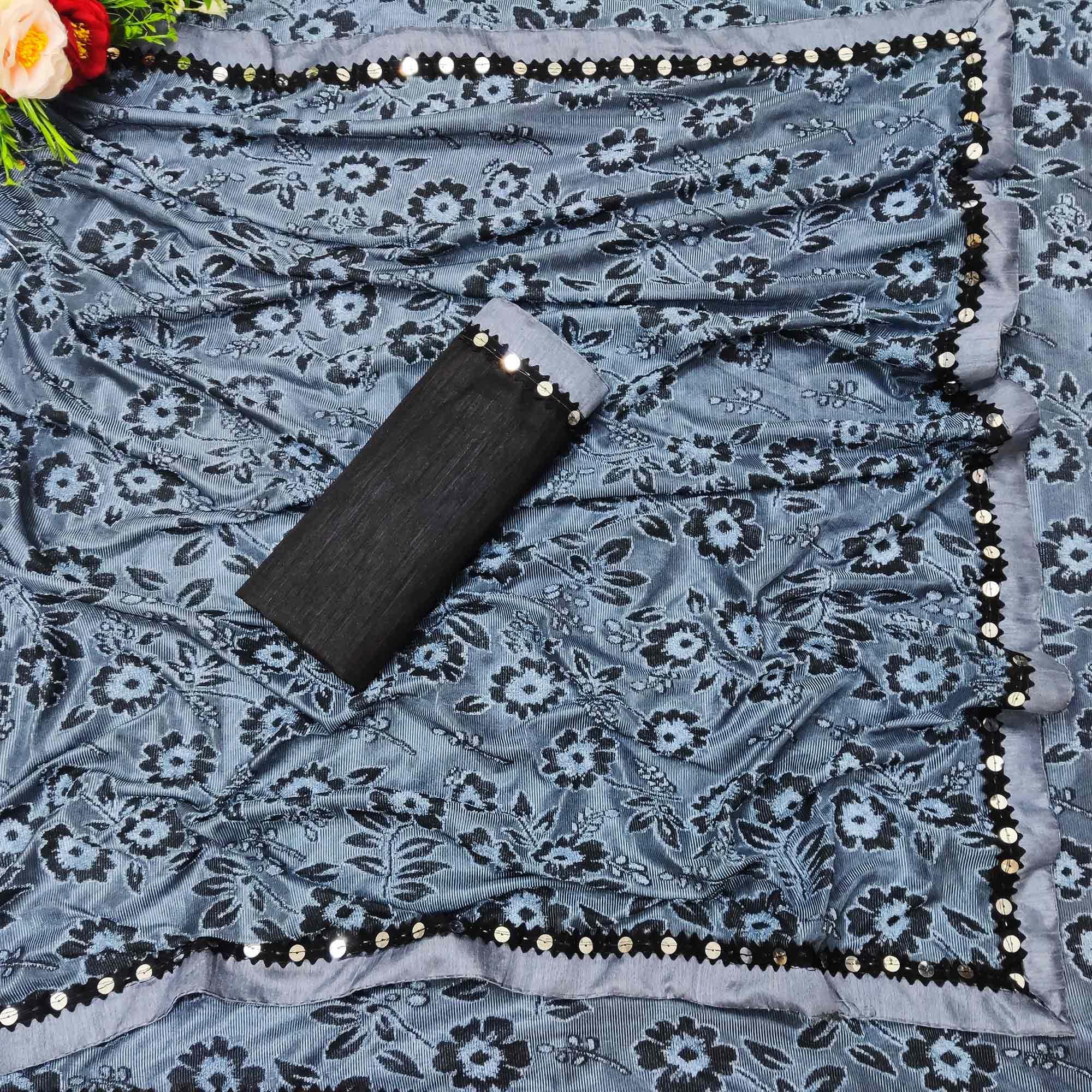 Captivating Grey Colored Festive Wear Floral Woven Art Silk Saree - Peachmode
